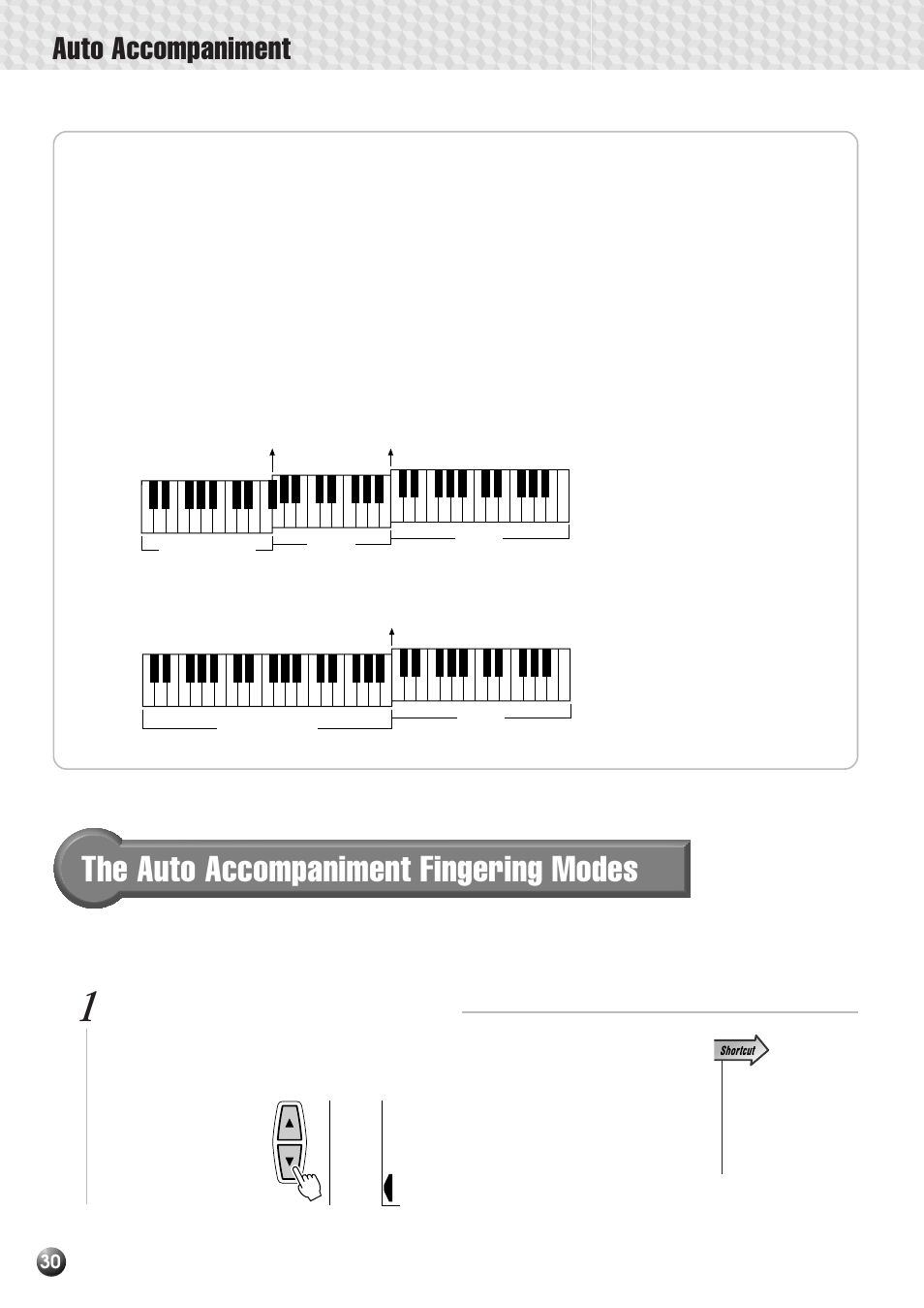 The auto accompaniment fingering modes, Interaction between the auto accompaniment, And split voice split points | Auto accompaniment, Select the fingering mode function | Yamaha PSR-530 User Manual | Page 32 / 130