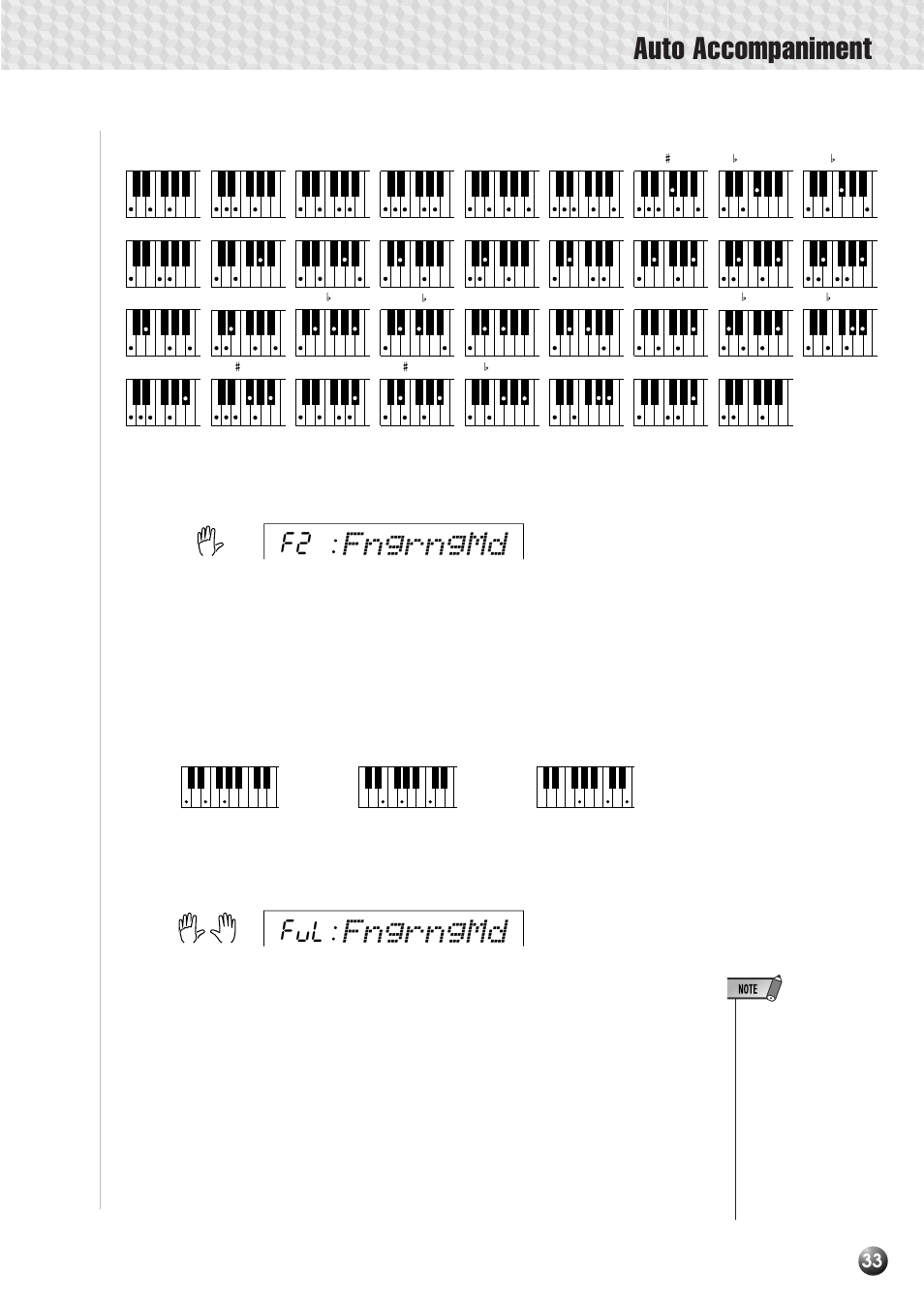 Auto accompaniment, Fngrngmd, F2: the fingered 2 mode | Ful: the full keyboard mode, Example for “c” chords | Yamaha PSR-530 User Manual | Page 35 / 130