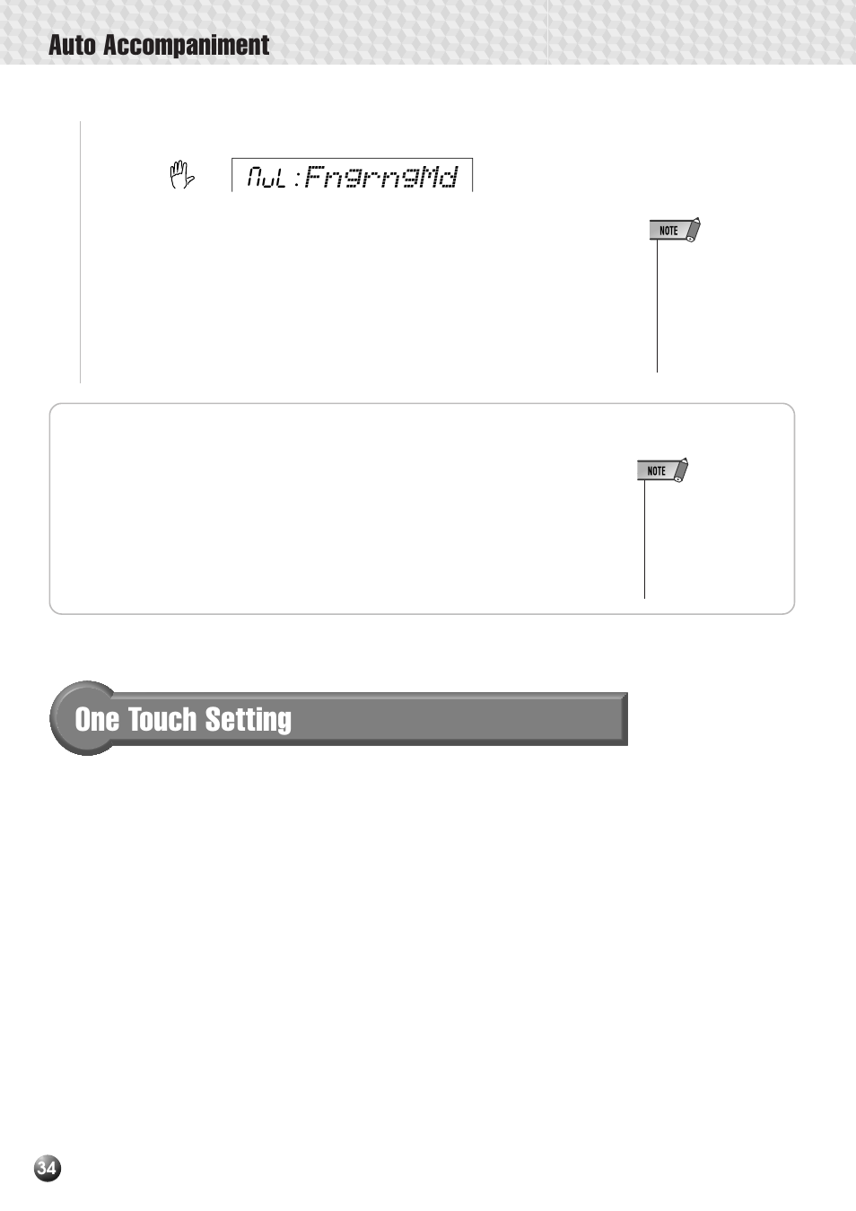 The stop accompaniment function, One touch setting, Auto accompaniment | Fngrngmd | Yamaha PSR-530 User Manual | Page 36 / 130