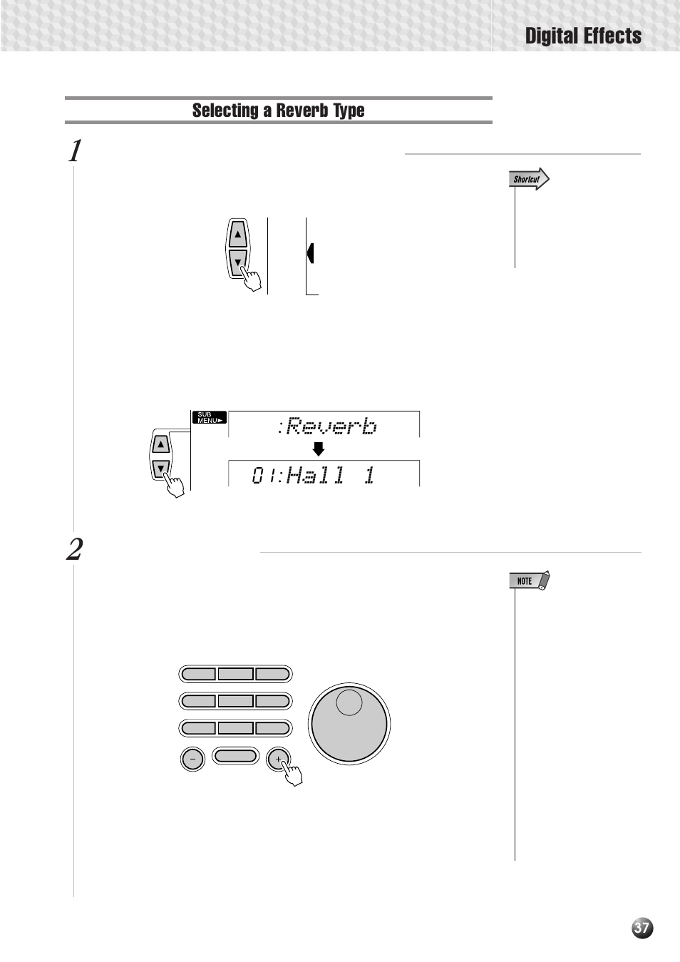 Selecting a reverb type, Digital effects, Reverb hall 1 | Yamaha PSR-530 User Manual | Page 39 / 130