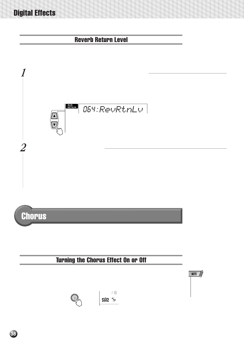 Reverb return level, Chorus, Turning the chorus effect on or off | Digital effects, Revrtnlv | Yamaha PSR-530 User Manual | Page 40 / 130