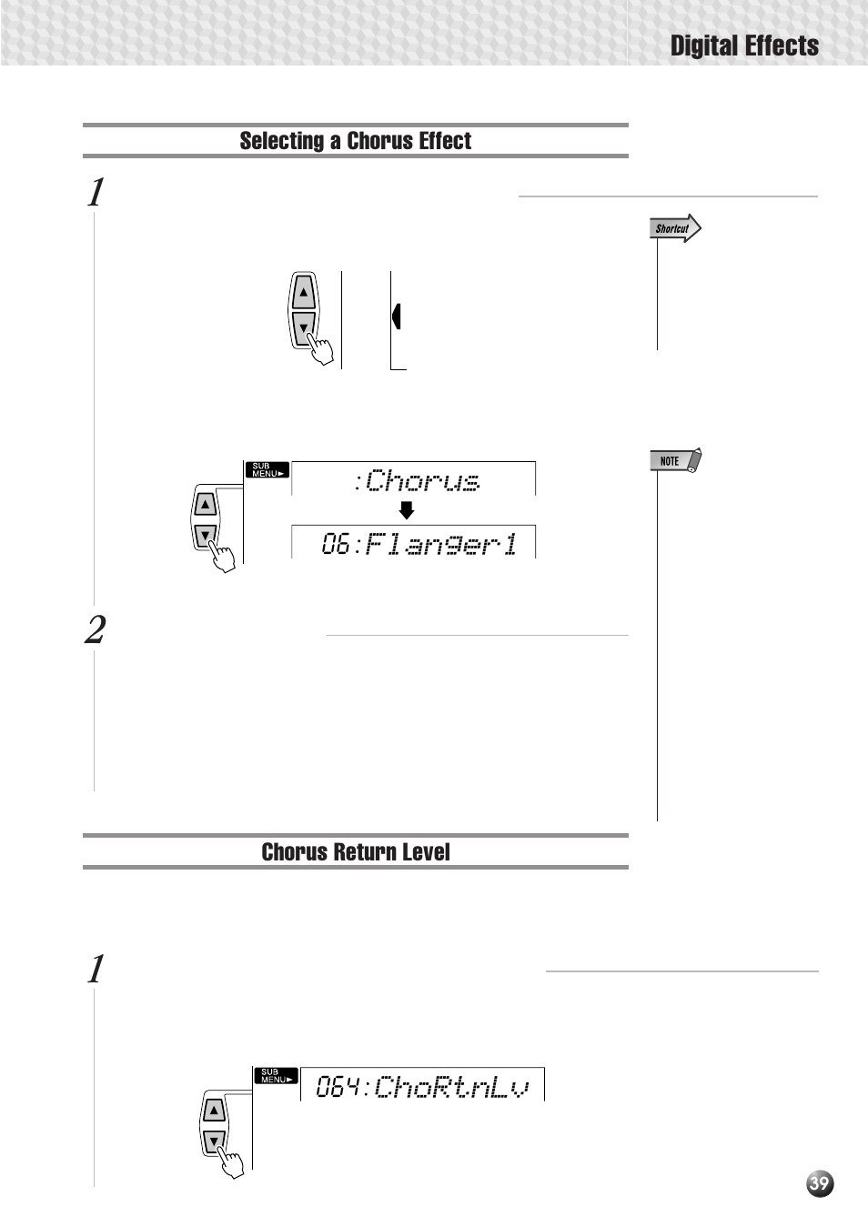 Selecting a chorus effect, Chorus return level, Digital effects | Chorus flanger1, Chortnlv | Yamaha PSR-530 User Manual | Page 41 / 130