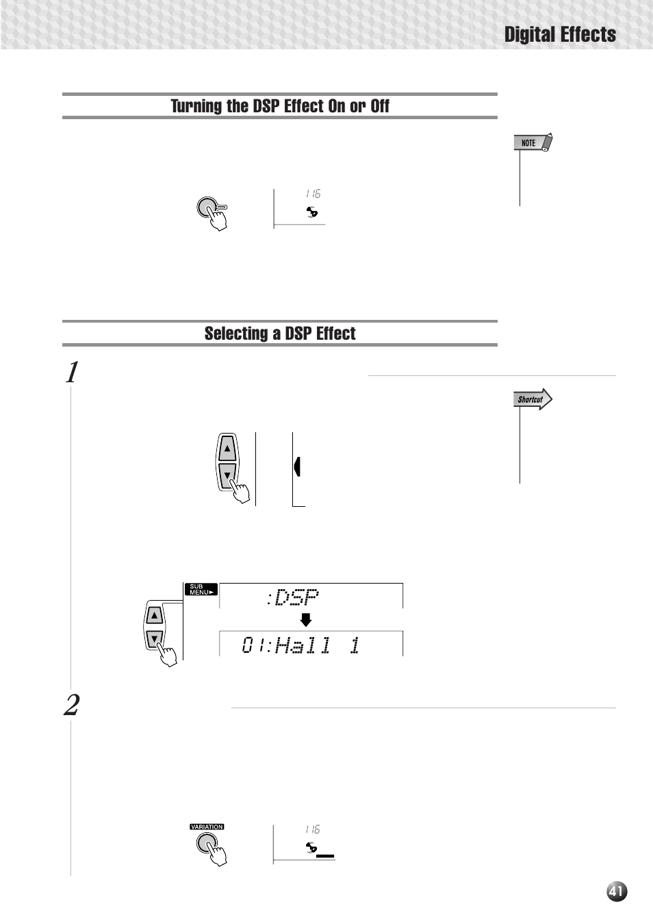 Turning the dsp effect on or off, Selecting a dsp effect, Digital effects | Dsp hall 1 | Yamaha PSR-530 User Manual | Page 43 / 130