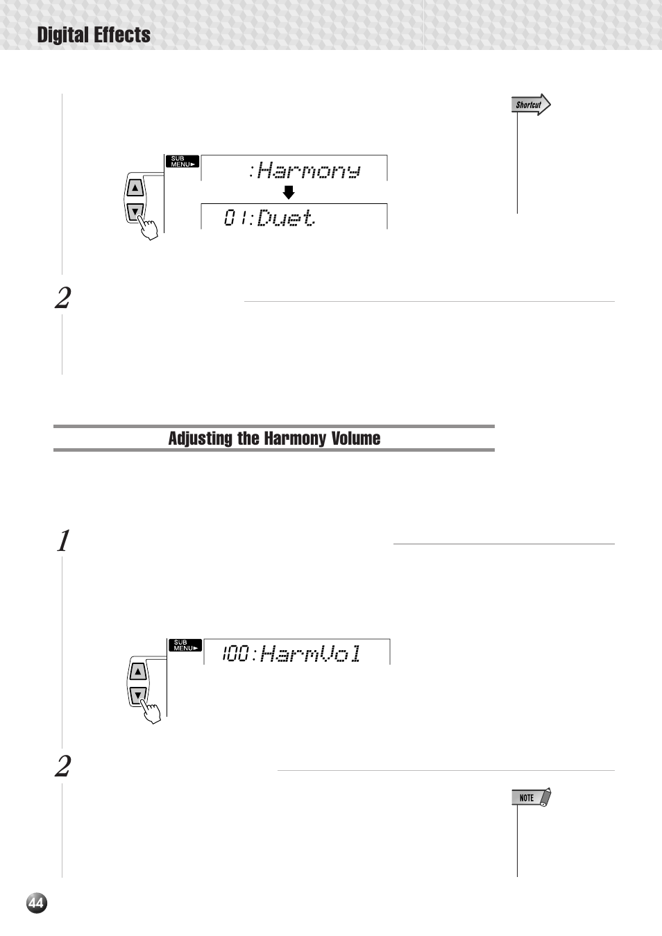 Adjusting the harmony volume, Digital effects, Harmony duet | Harmvol | Yamaha PSR-530 User Manual | Page 46 / 130