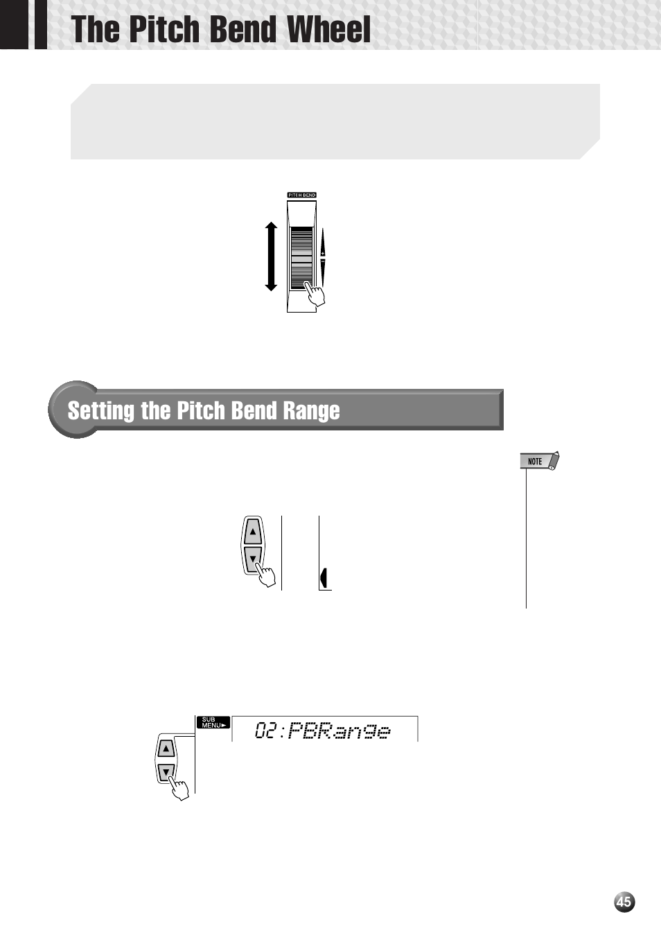 The pitch bend wheel, Setting the pitch bend range, Pbrange | Yamaha PSR-530 User Manual | Page 47 / 130