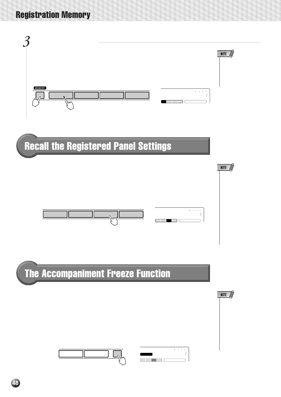 Recall the registered panel settings, The accompaniment freeze function, Register the settings | Yamaha PSR-530 User Manual | Page 50 / 130