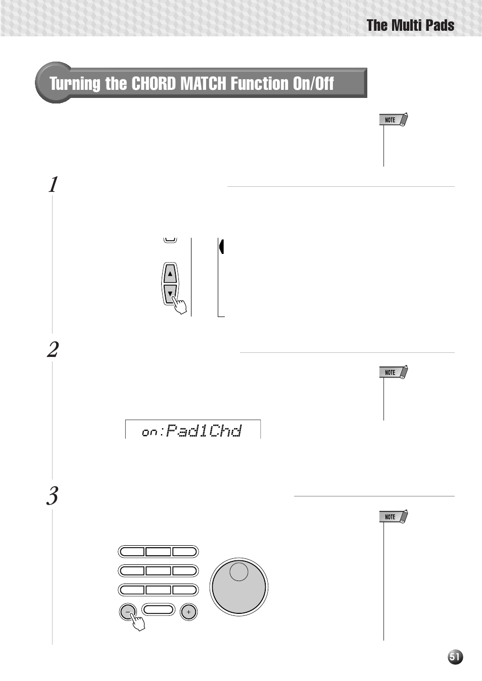 Turning the chord match function on/off, The multi pads, Pad1chd | Yamaha PSR-530 User Manual | Page 53 / 130