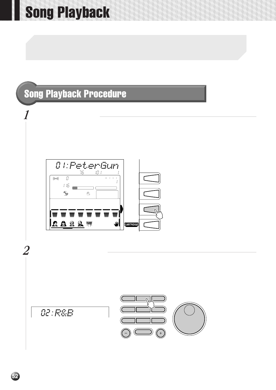 Song playback, Song playback procedure, Petergun | Select the song menu, Select a song number | Yamaha PSR-530 User Manual | Page 54 / 130