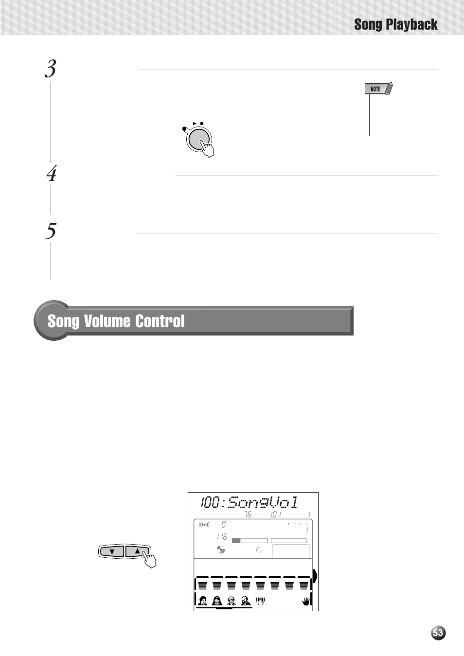 Song volume control, Song playback, Songvol | Start playback, Play along if you like, Stop playback | Yamaha PSR-530 User Manual | Page 55 / 130