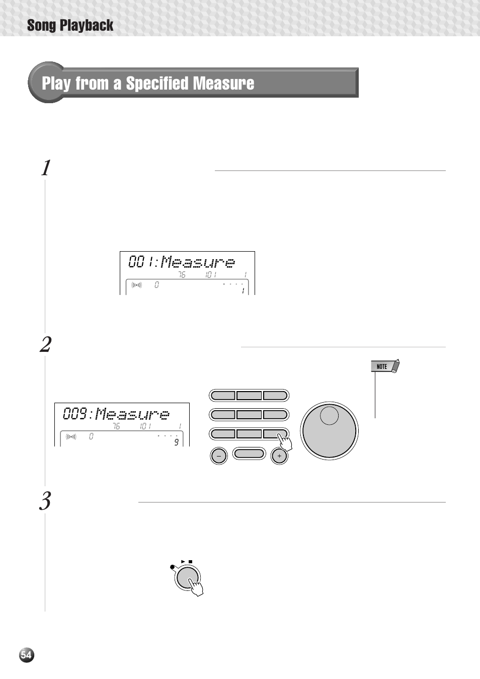 Play from a specified measure, Song playback, Measure | Select the measure parameter, Enter the desired measure number, Start playback | Yamaha PSR-530 User Manual | Page 56 / 130