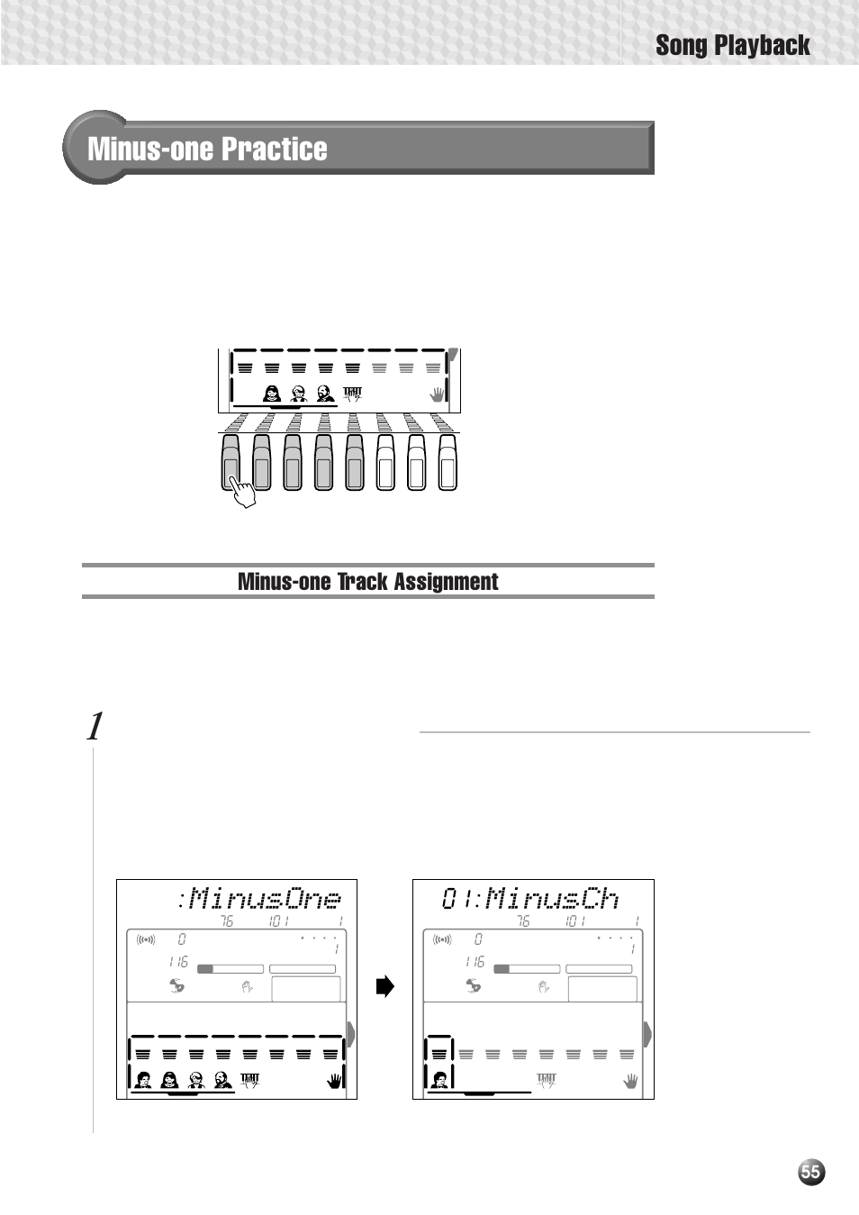 Minus-one practice, Minus-one track assignment, Song playback | Minusone, Minusch, Select the minusone parameter | Yamaha PSR-530 User Manual | Page 57 / 130