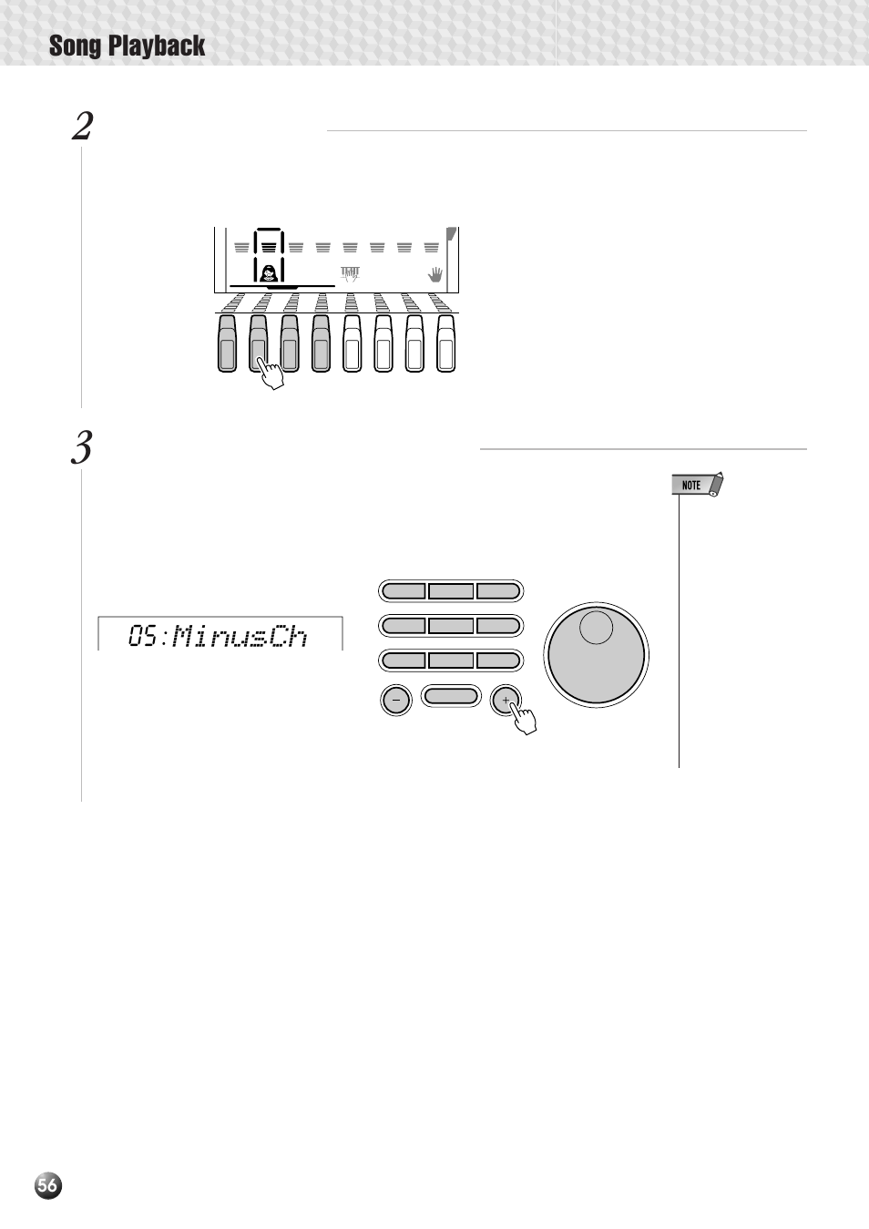 Song playback, Minusch, Select a melody track | Assign a channel to the selected track | Yamaha PSR-530 User Manual | Page 58 / 130