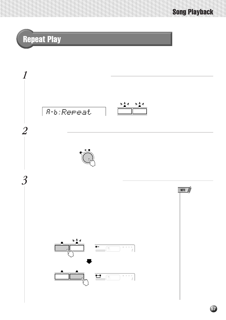 Repeat play, Song playback, Repeat | Select the a-b repeat parameter, Start playback, Specify the repeat “a” and “b” points | Yamaha PSR-530 User Manual | Page 59 / 130