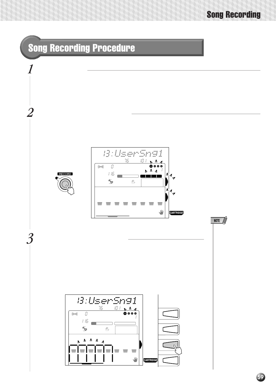 Song recording procedure, Song recording, Usersng1 | Set up to record, Select the song record mode, Engage the record ready mode | Yamaha PSR-530 User Manual | Page 61 / 130