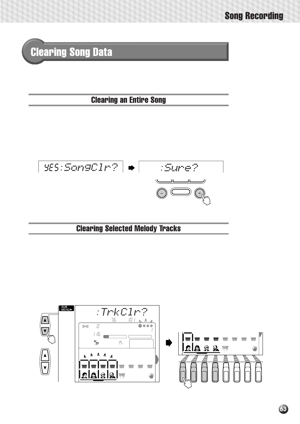 Clearing song data, Clearing an entire song, Clearing selected melody tracks | Song recording, Songclr? sure, Trkclr | Yamaha PSR-530 User Manual | Page 65 / 130