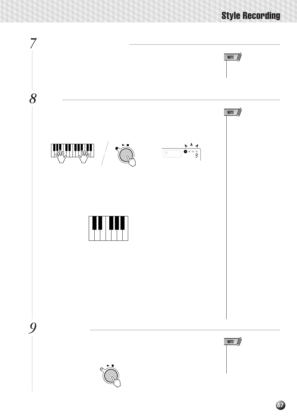 Style recording, Select a voice, if necessary, Record | Stop recording | Yamaha PSR-530 User Manual | Page 69 / 130