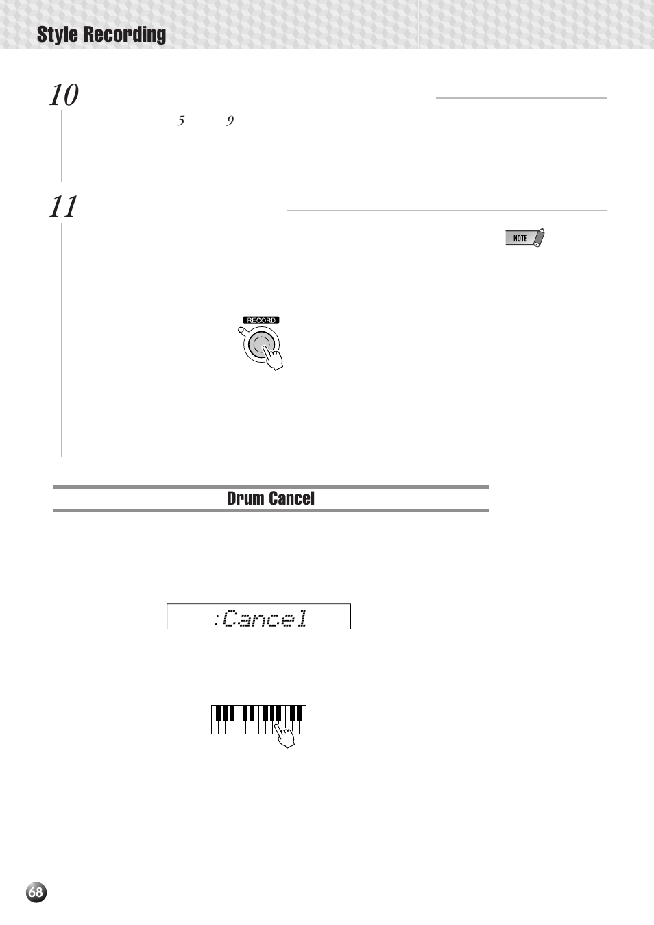 Drum cancel, Style recording, Cancel | Yamaha PSR-530 User Manual | Page 70 / 130