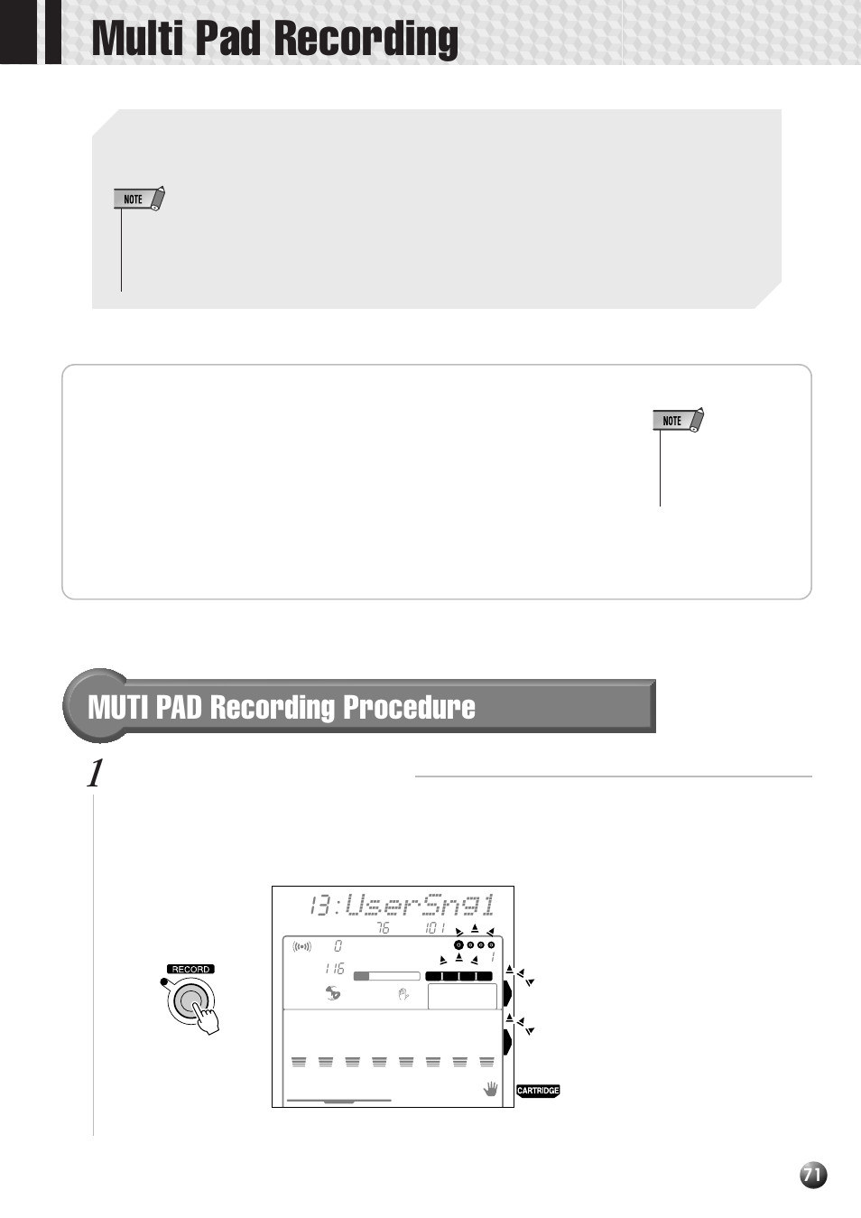 Multi pad recording, Muti pad recording procedure, Usersng1 | Engage the record ready mode | Yamaha PSR-530 User Manual | Page 73 / 130