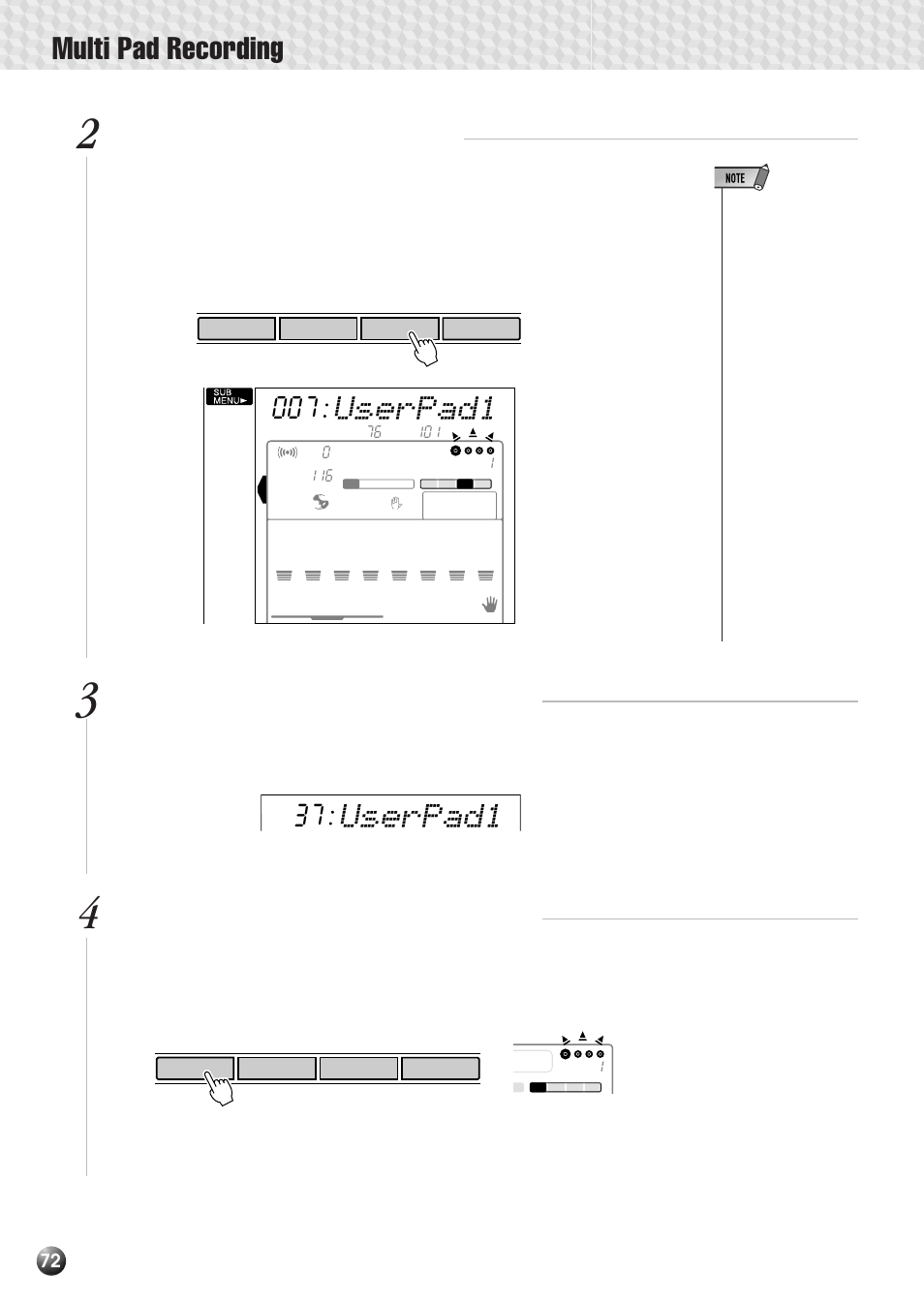 Multi pad recording, Userpad1, Select the multi pad record mode | If necessary, select a user pad set number, If necessary, select a multi pad to record | Yamaha PSR-530 User Manual | Page 74 / 130