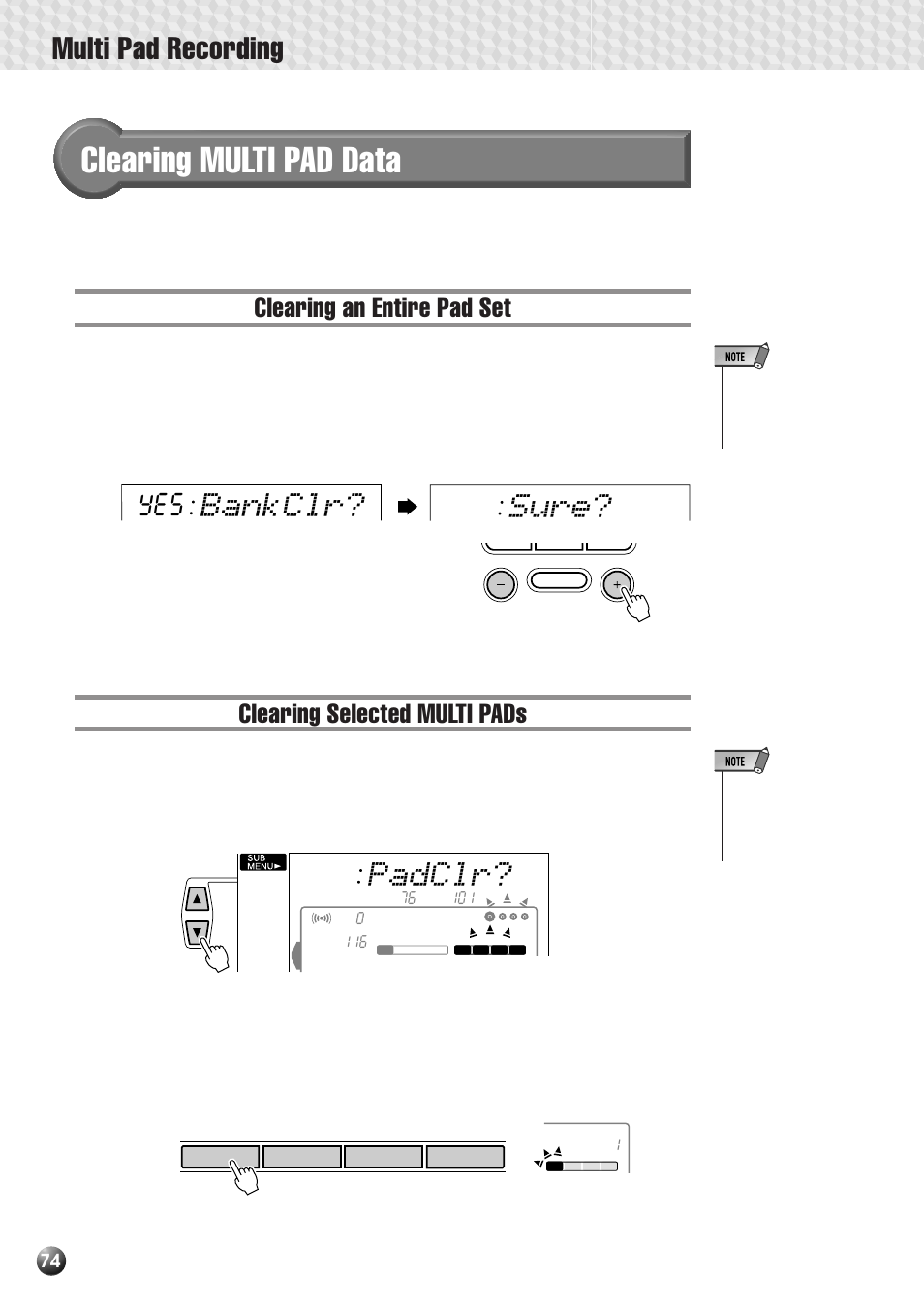 Clearing multi pad data, Clearing an entire pad set, Clearing selected multi pads | Multi pad recording, Bankclr? sure, Padclr | Yamaha PSR-530 User Manual | Page 76 / 130