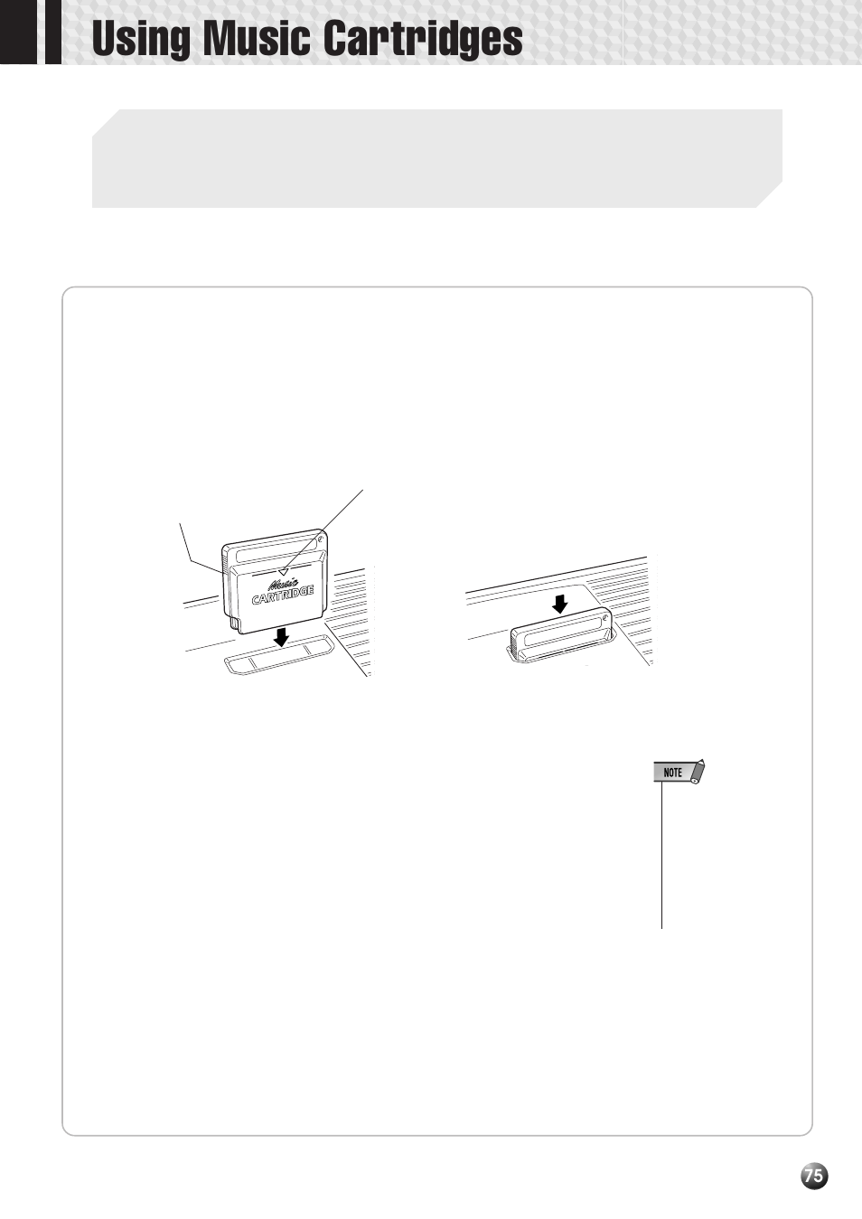 Using music cartridges, Inserting a music cartridge, Music cartridge handling precautions | Yamaha PSR-530 User Manual | Page 77 / 130