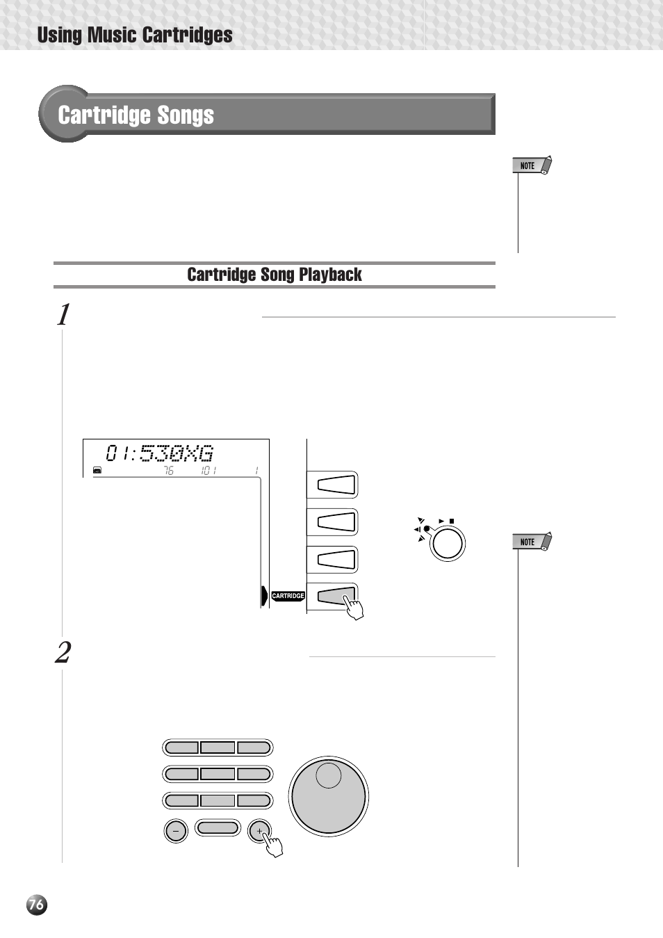 Cartridge songs, Cartridge song playback, Using music cartridges | 530xg, Select the cartridge menu, Select a cartridge song number | Yamaha PSR-530 User Manual | Page 78 / 130