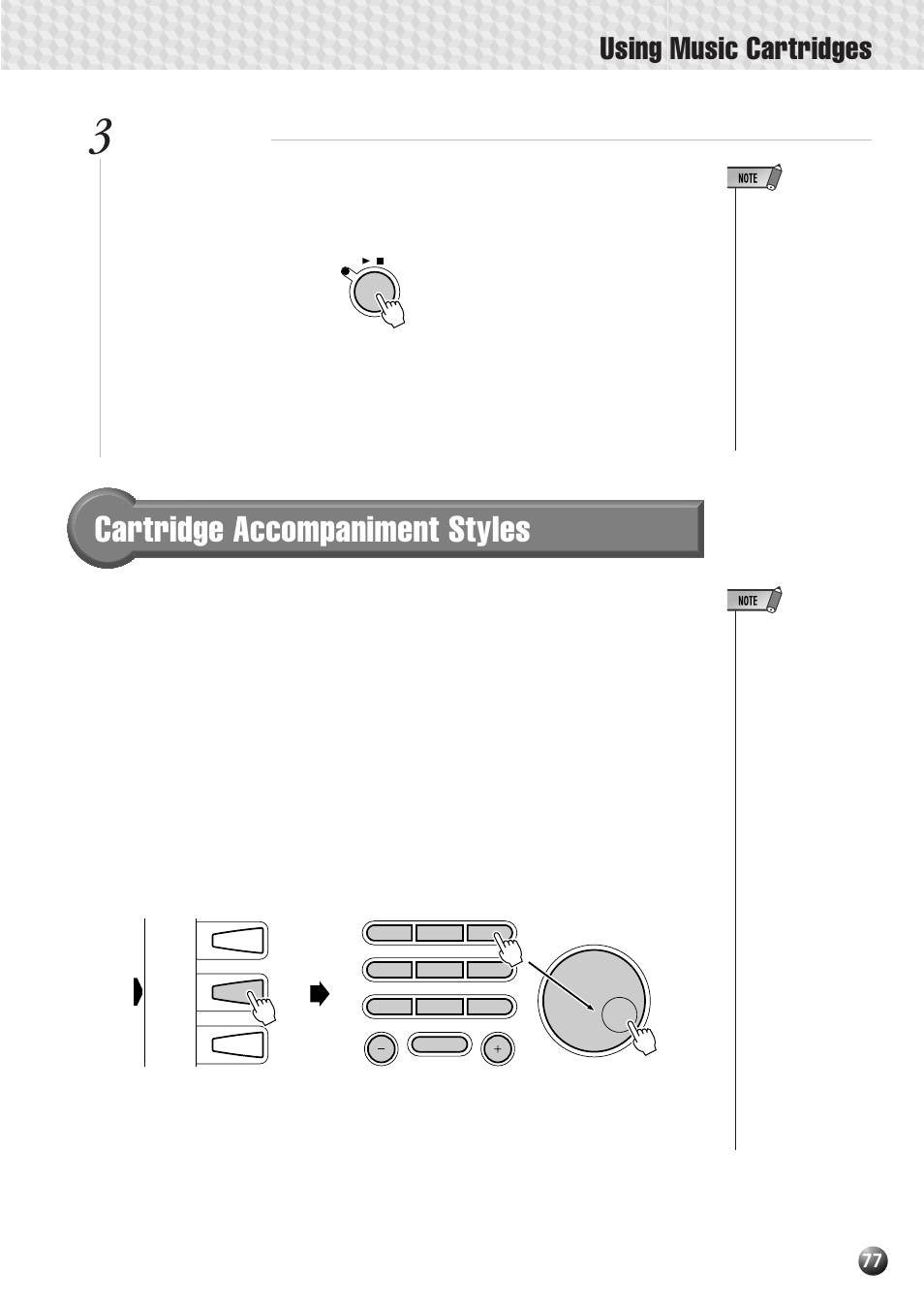 Cartridge accompaniment styles, Using music cartridges, Start playback | Yamaha PSR-530 User Manual | Page 79 / 130