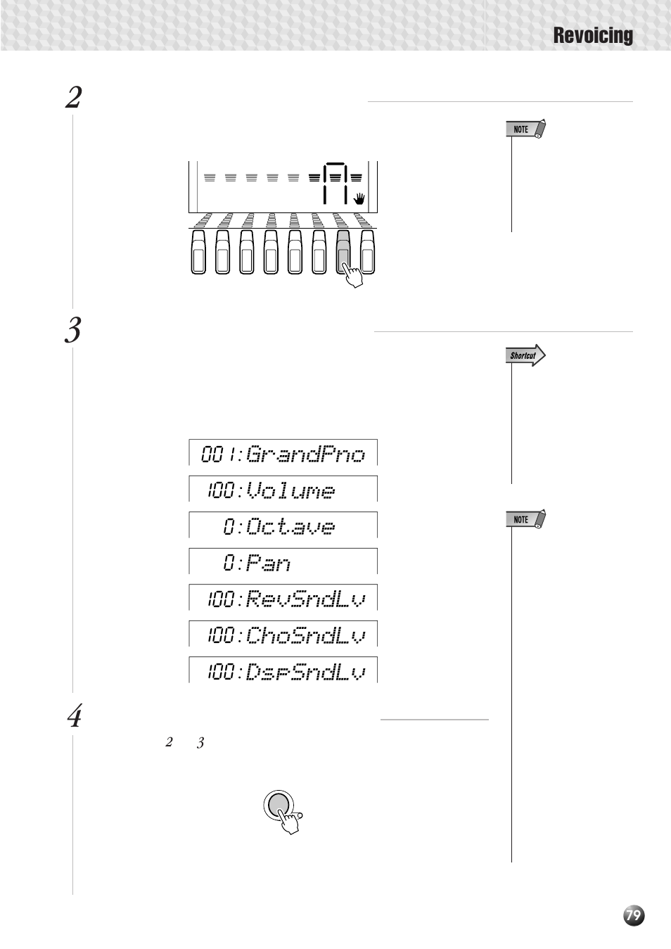 Revoicing, Revsndlv, Chosndlv | Dspsndlv, Octave, Volume, Grandpno | Yamaha PSR-530 User Manual | Page 81 / 130