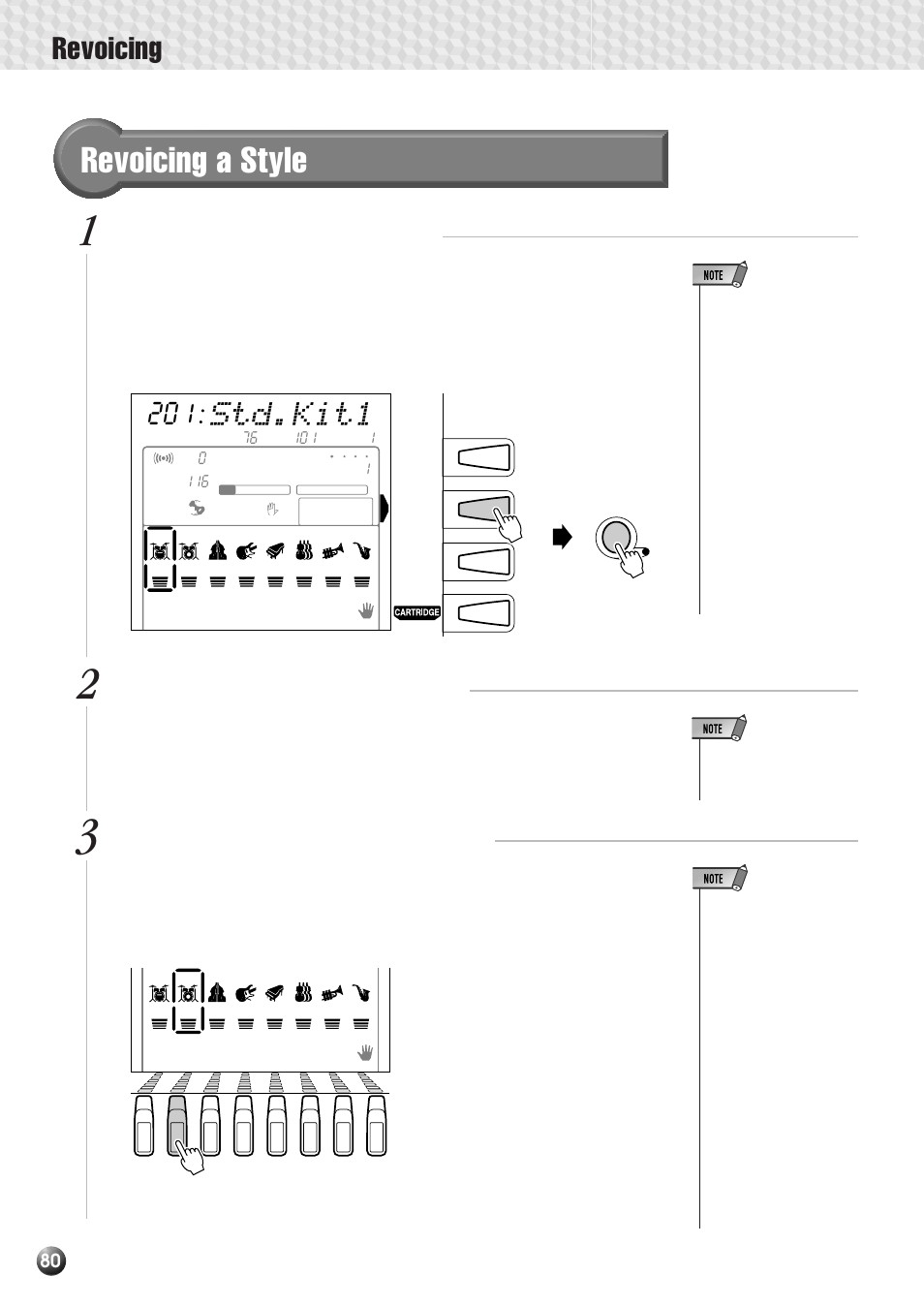 Revoicing a style, Revoicing, Std.kit1 | Select the style revoice mode, If necessary select a track to revoice | Yamaha PSR-530 User Manual | Page 82 / 130