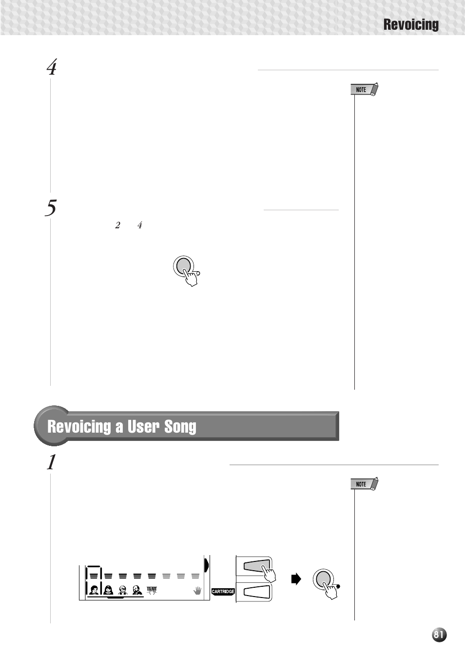 Revoicing a user song, Revoicing, Repeat as required and exit when done | Select the song revoice mode, Select and edit the revoice parameters | Yamaha PSR-530 User Manual | Page 83 / 130