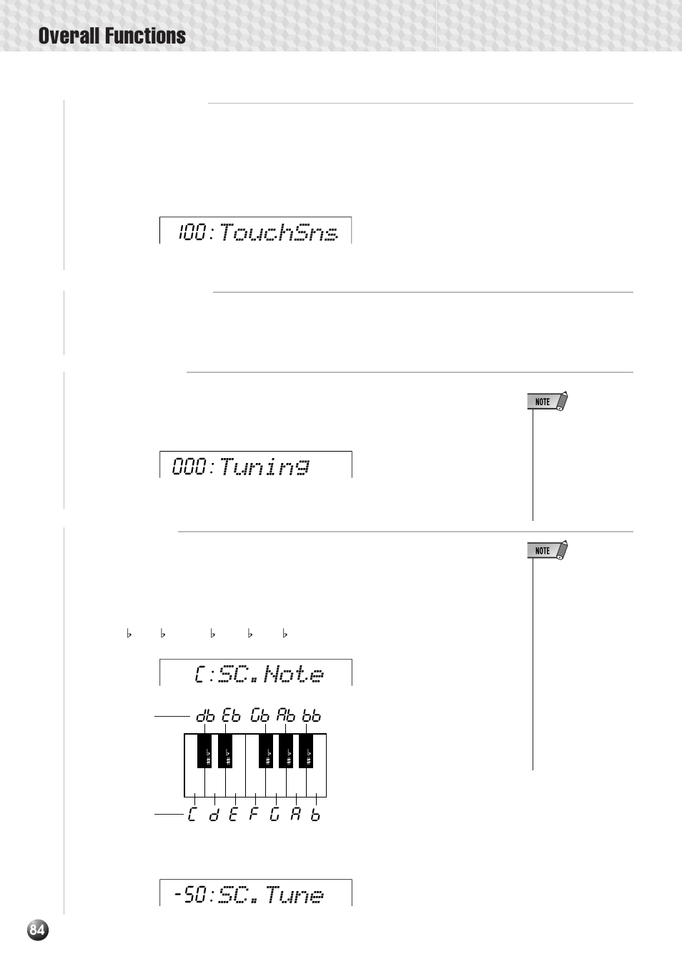 Touch sensitivity, Pitch bend range, Master tuning | Scale tuning, Overall functions, Touchsns, Tuning, Sc.tune | Yamaha PSR-530 User Manual | Page 86 / 130