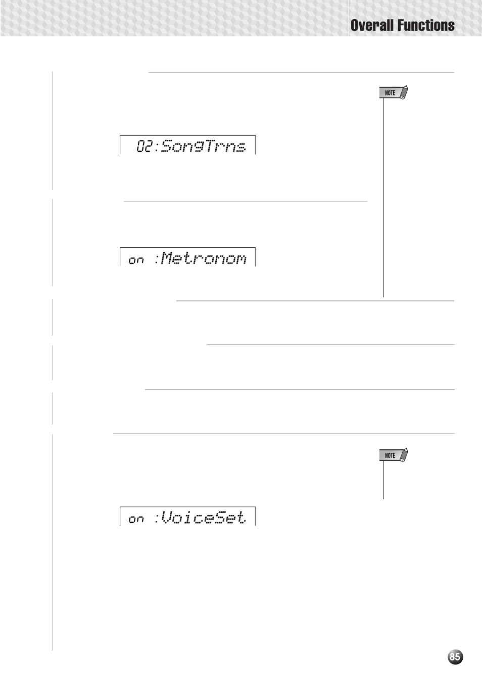 Song transpose, Metronome, Split voice split point | Accompaniment split point, Fingering mode, Voice set, Metronom, Voiceset, Songtrns, Overall functions | Yamaha PSR-530 User Manual | Page 87 / 130