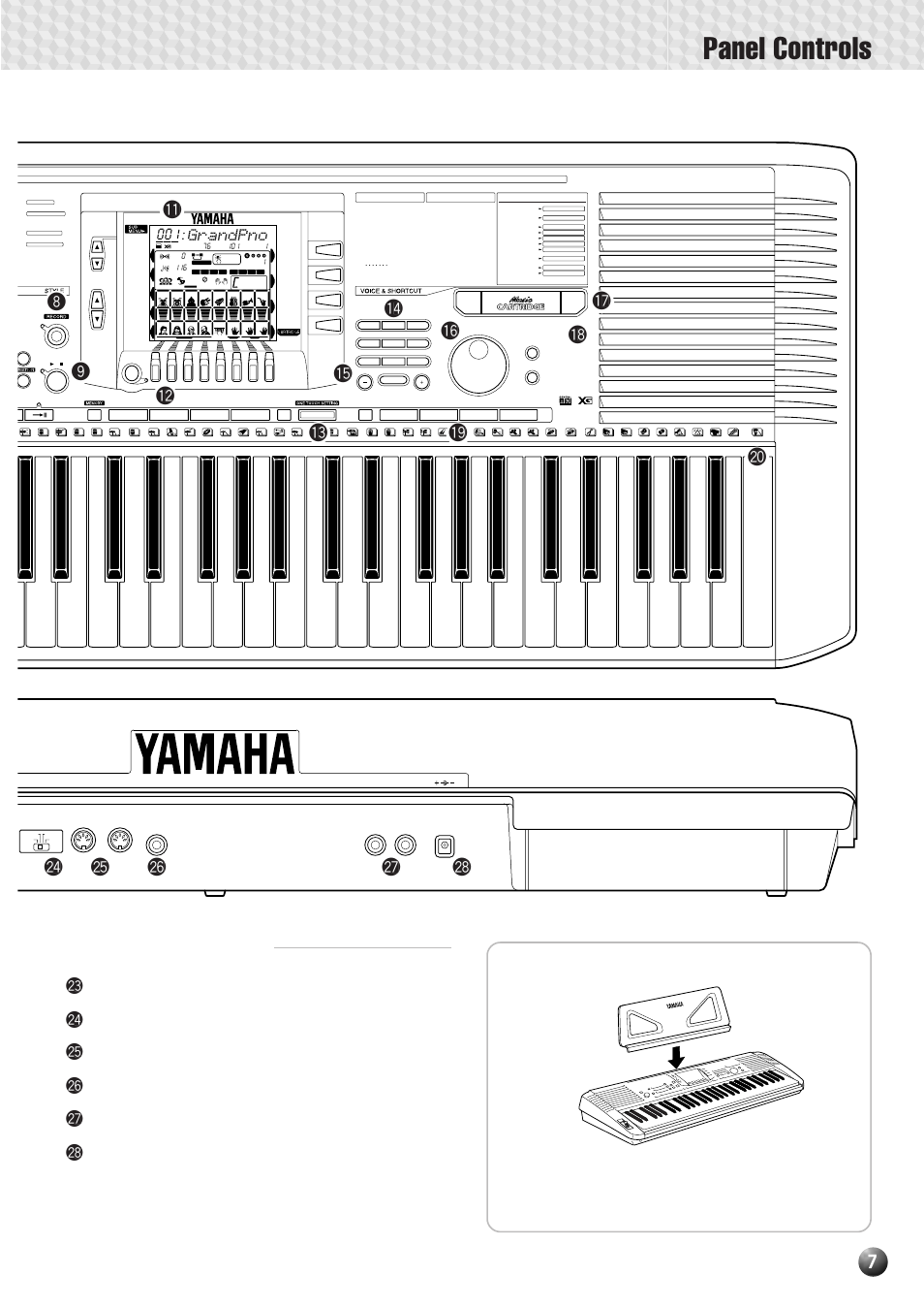 The music stand, Panel controls, Rear panel controls | Grandpno | Yamaha PSR-530 User Manual | Page 9 / 130