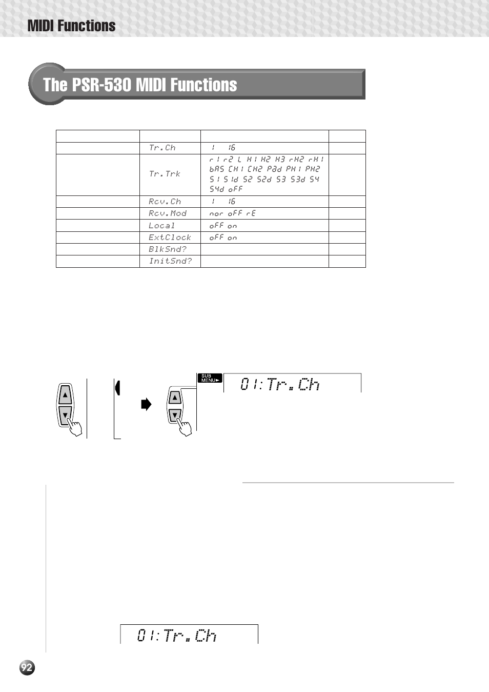 The psr-530 midi functions, Transmit channel & transmit track, Tr.ch | Midi functions, Transmit channel | Yamaha PSR-530 User Manual | Page 94 / 130