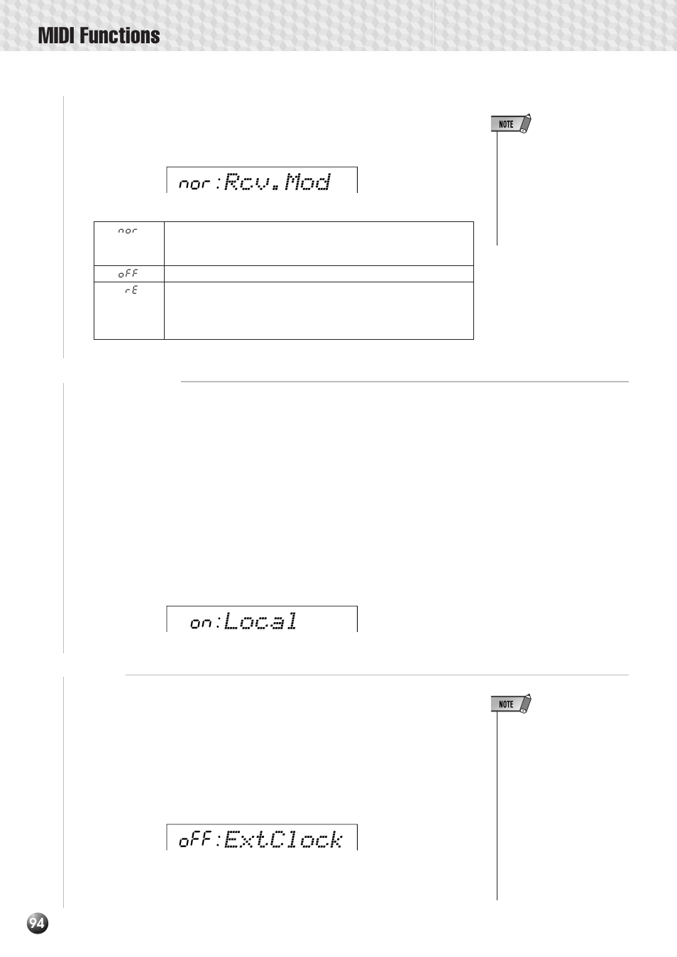 Local control, Clock, Midi functions | Rcv.mod, Local, Extclock | Yamaha PSR-530 User Manual | Page 96 / 130