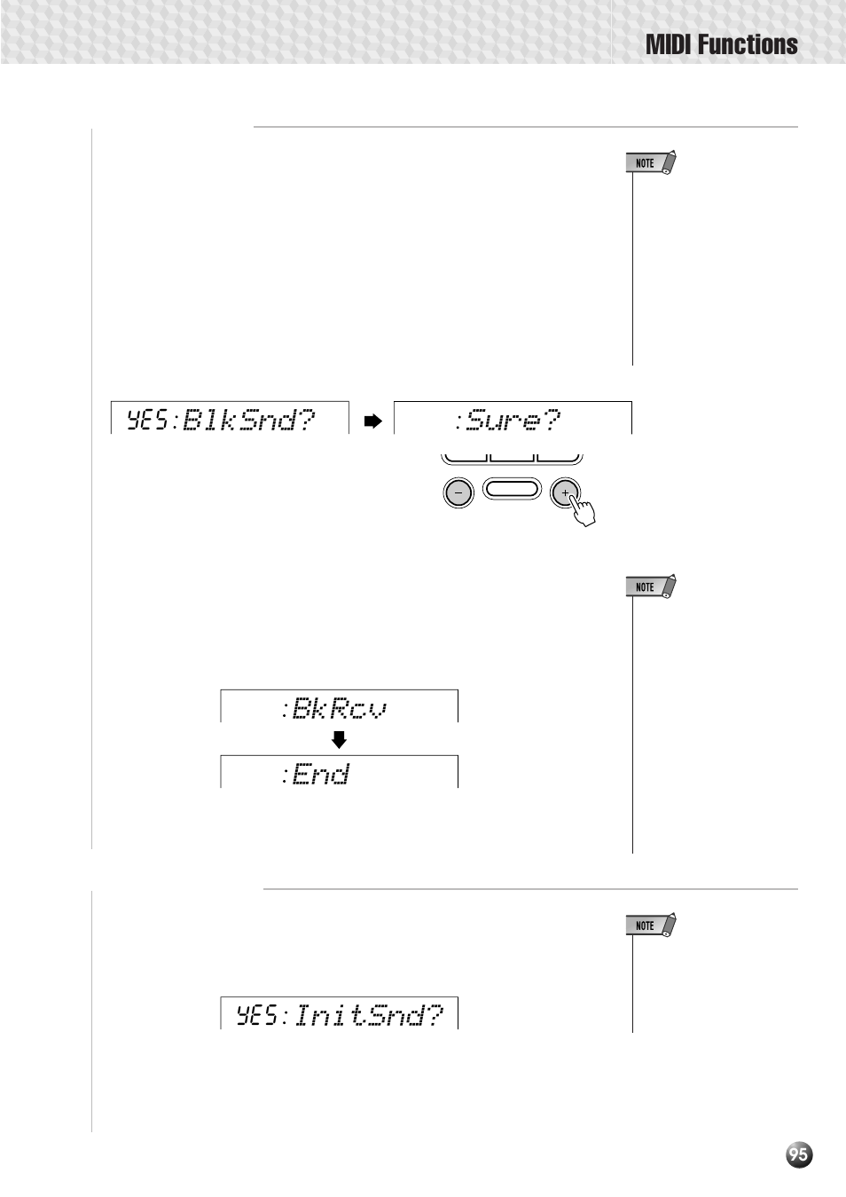 Bulk data send, Initial data send, Midi functions | Blksnd? sure, Bkrcv end, Initsnd | Yamaha PSR-530 User Manual | Page 97 / 130