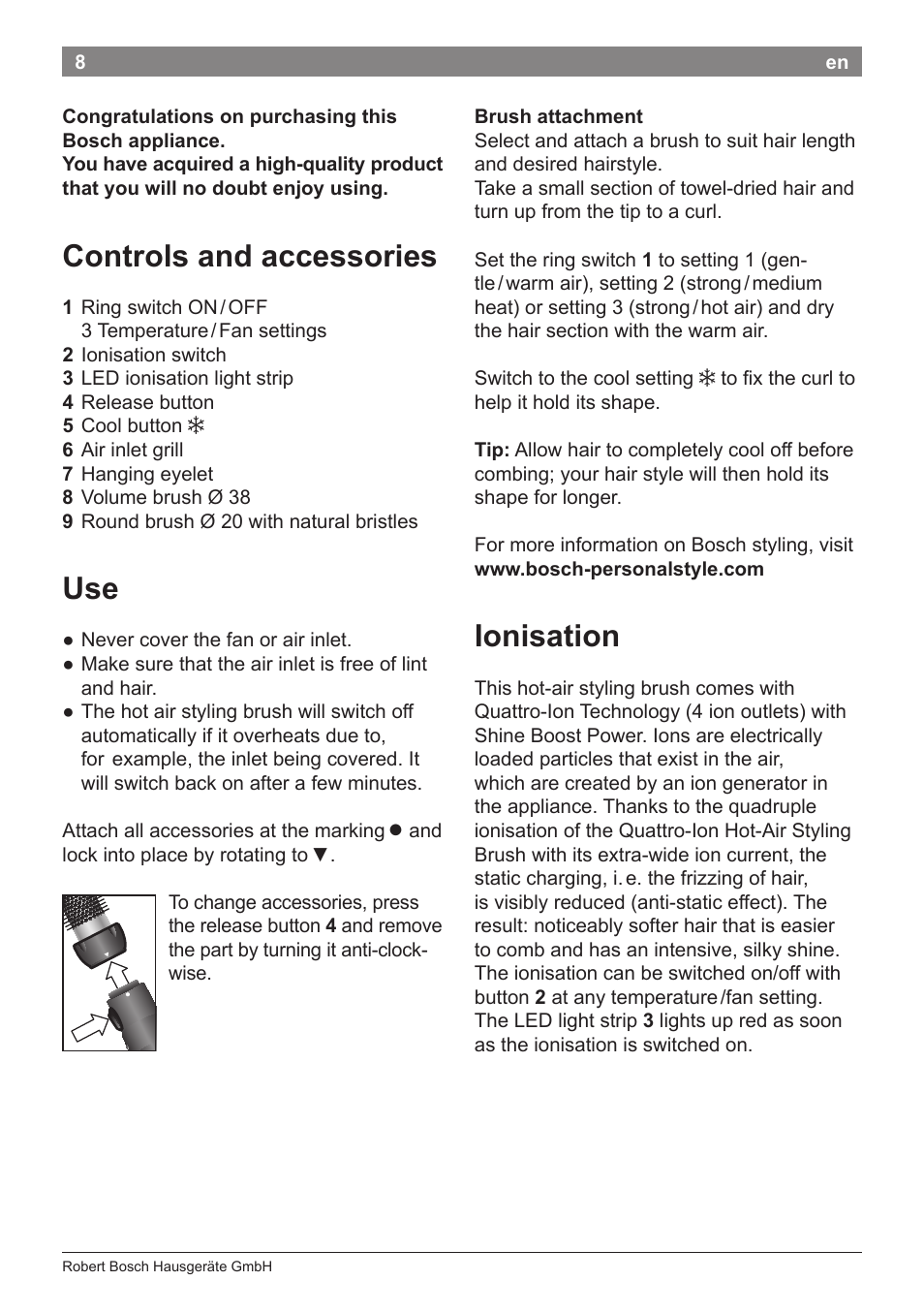 Controls and accessories, Ionisation | Bosch PHA5363 Warmluftstylingbürste BrilliantCare Quattro-Ion User Manual | Page 10 / 86