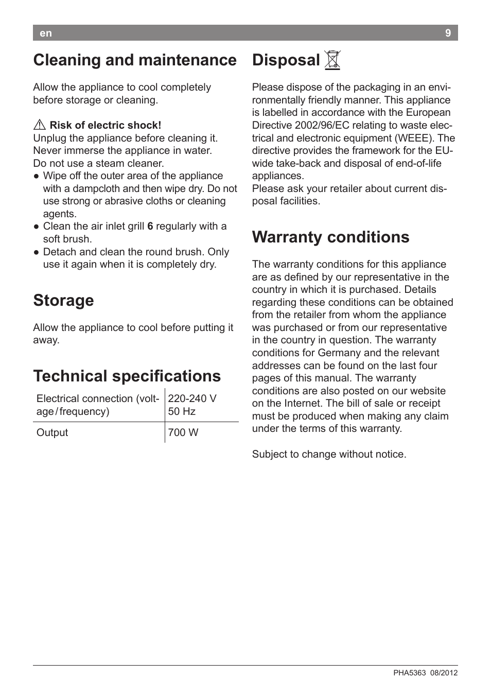 Cleaning and maintenance, Storage, Technical specifications | Disposal, Warranty conditions | Bosch PHA5363 Warmluftstylingbürste BrilliantCare Quattro-Ion User Manual | Page 11 / 86