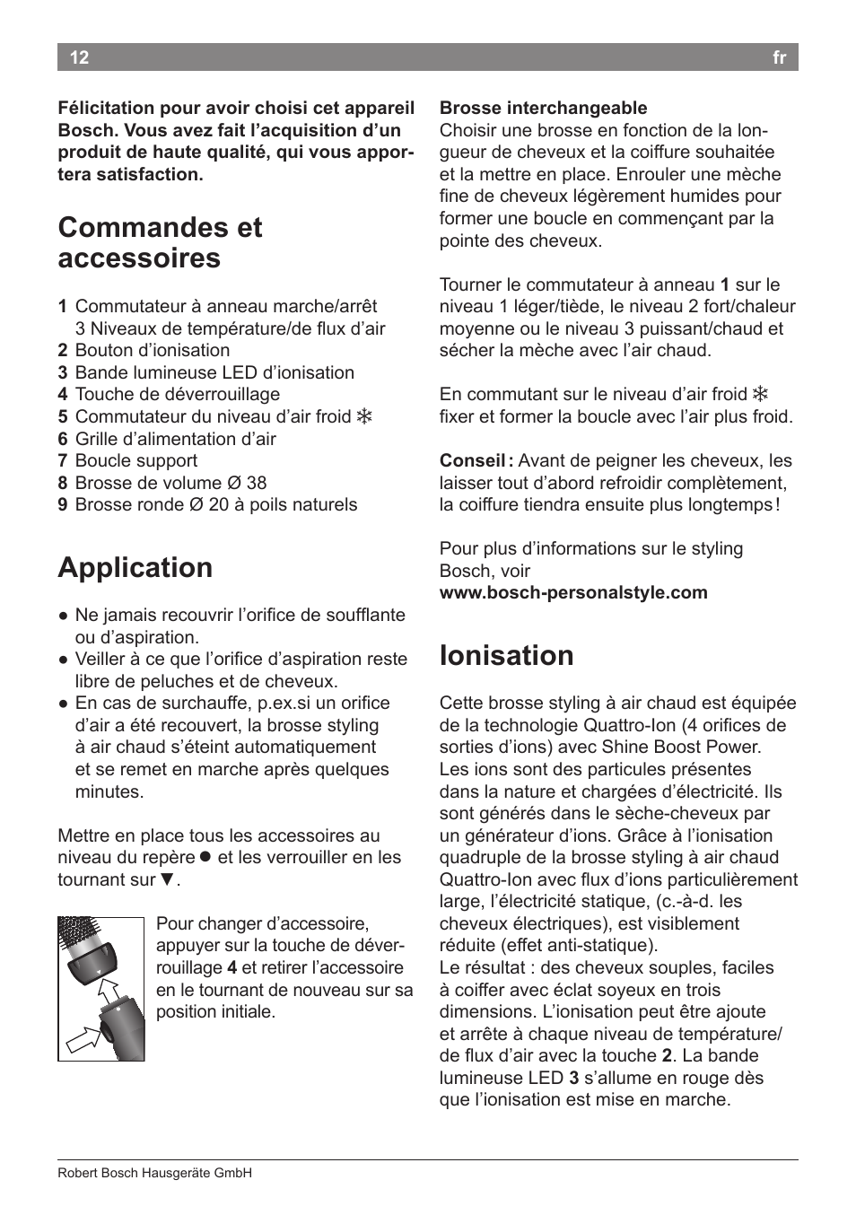 Ionisation, Commandes et accessoires, Application | Bosch PHA5363 Warmluftstylingbürste BrilliantCare Quattro-Ion User Manual | Page 14 / 86