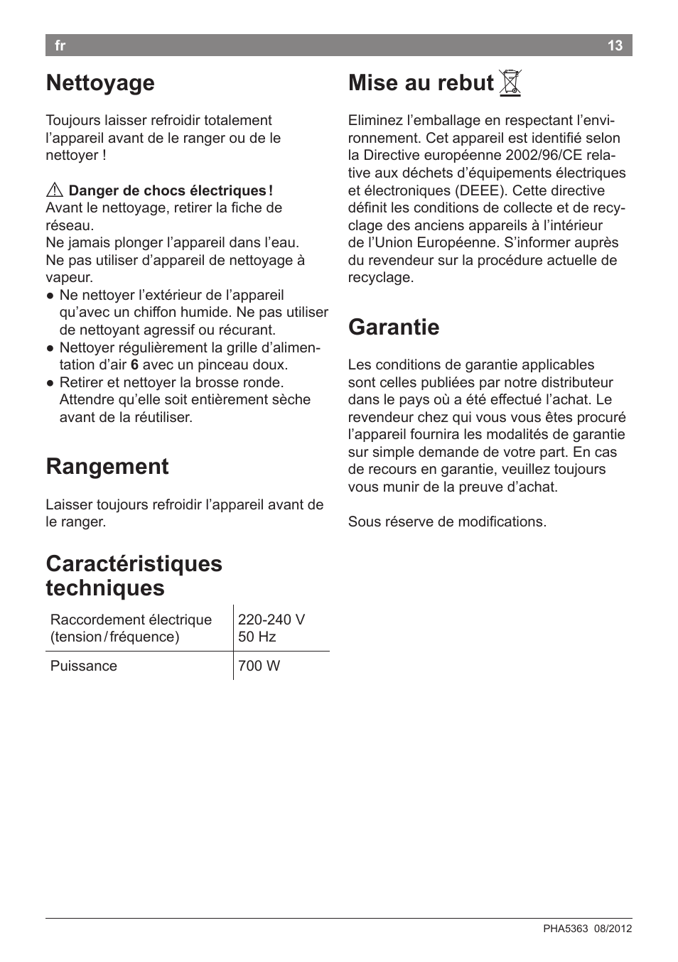 Nettoyage, Rangement, Caractéristiques techniques | Mise au rebut, Garantie | Bosch PHA5363 Warmluftstylingbürste BrilliantCare Quattro-Ion User Manual | Page 15 / 86