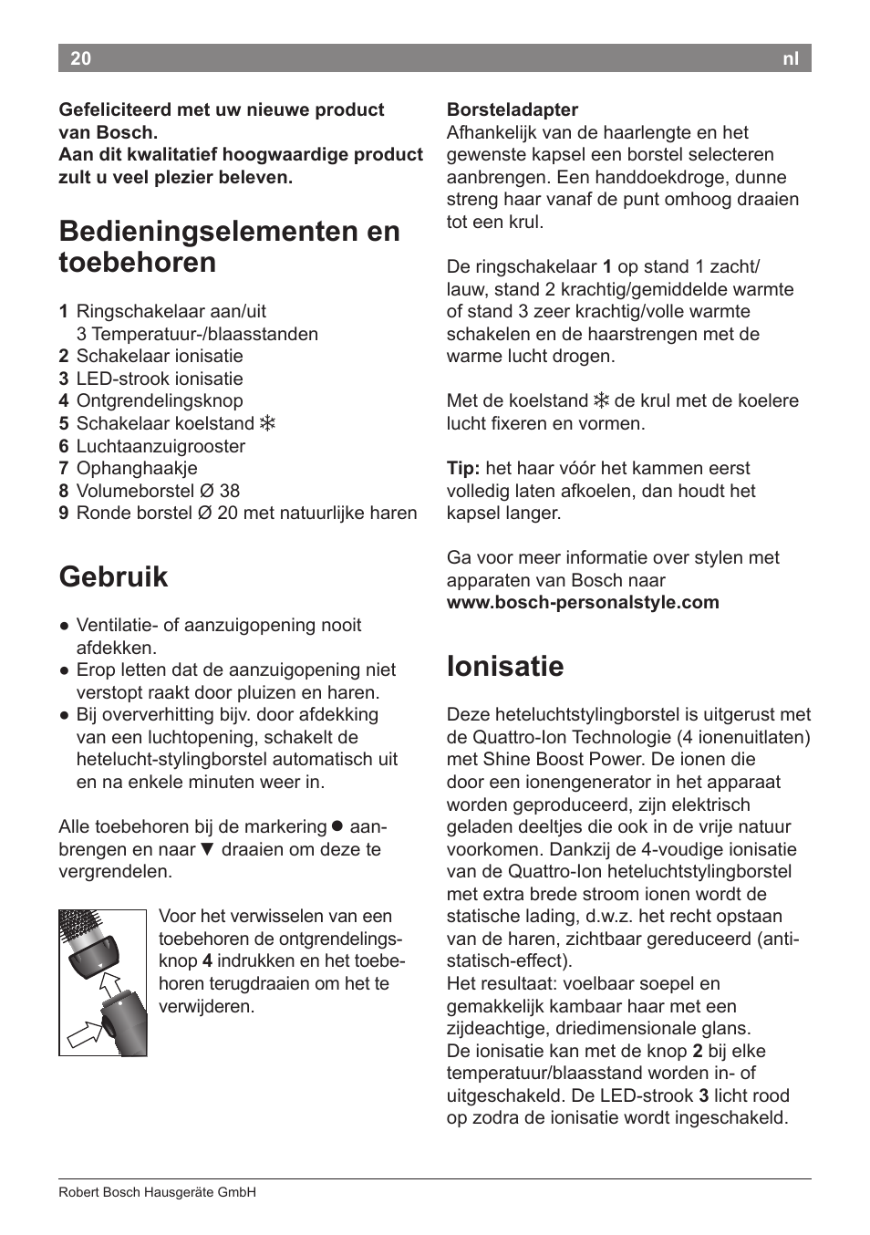 Bedieningselementen en toebehoren, Gebruik, Ionisatie | Bosch PHA5363 Warmluftstylingbürste BrilliantCare Quattro-Ion User Manual | Page 22 / 86