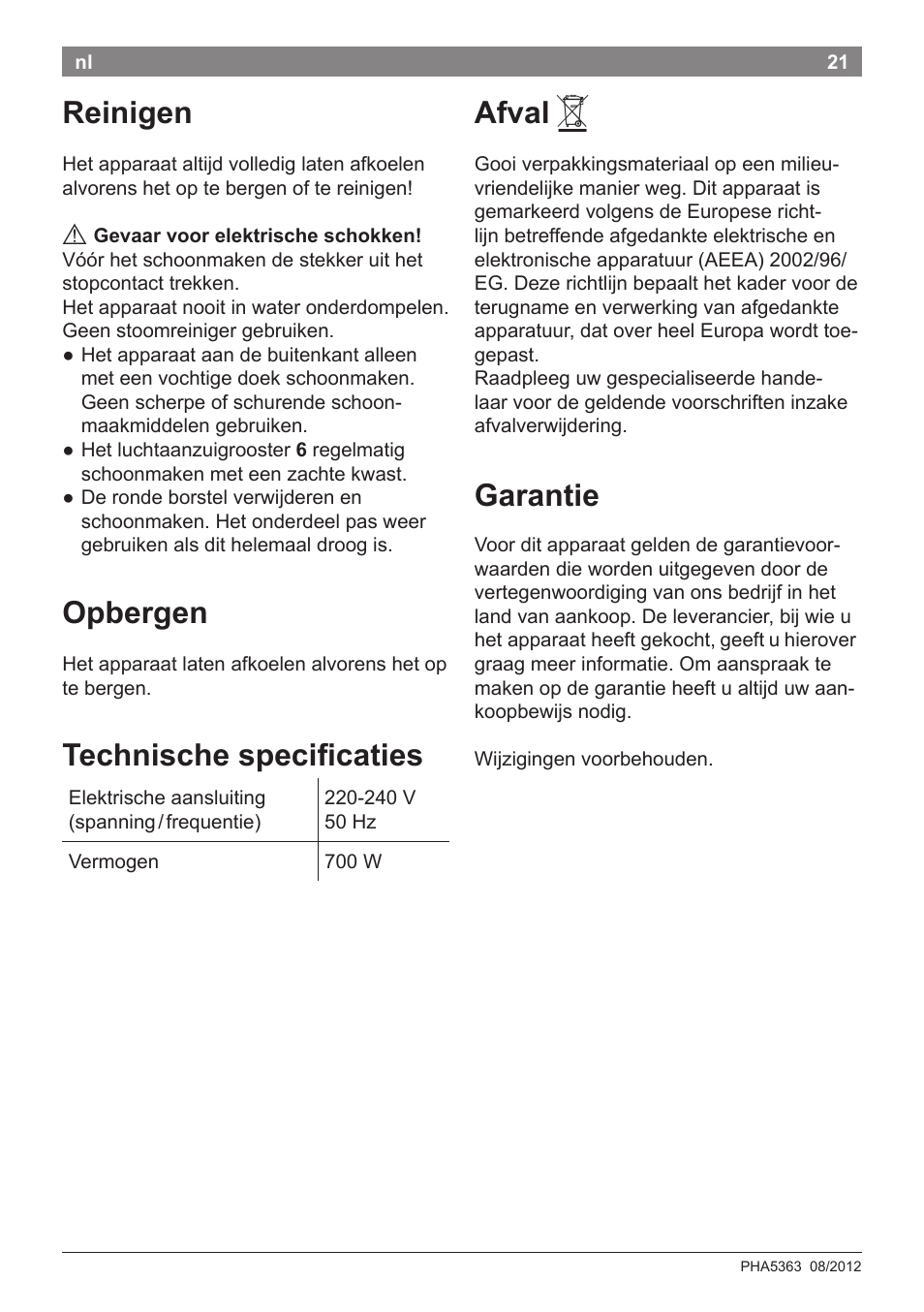 Reinigen, Opbergen, Technische specificaties | Afval, Garantie | Bosch PHA5363 Warmluftstylingbürste BrilliantCare Quattro-Ion User Manual | Page 23 / 86