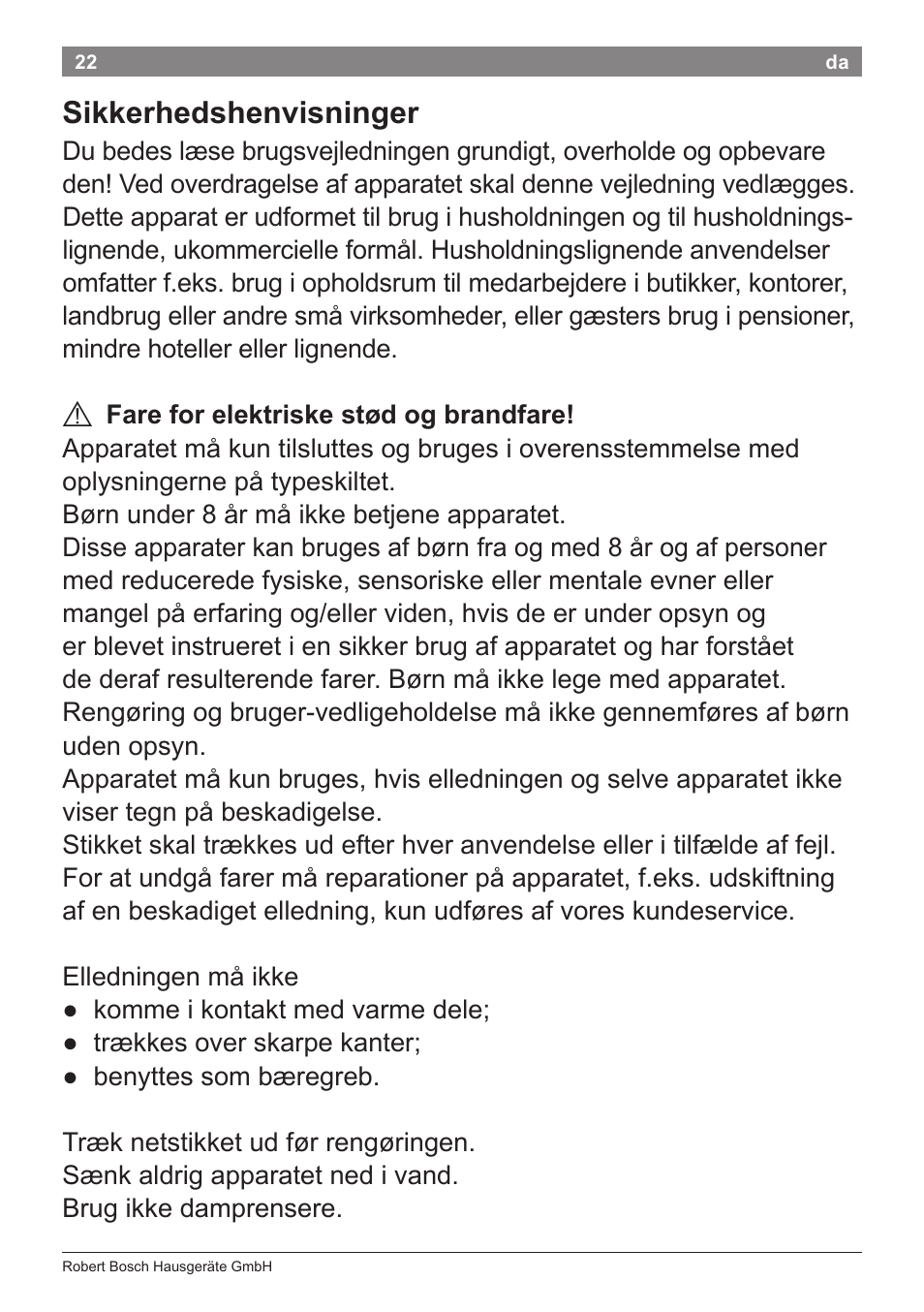 Sikkerhedshenvisninger | Bosch PHA5363 Warmluftstylingbürste BrilliantCare Quattro-Ion User Manual | Page 24 / 86