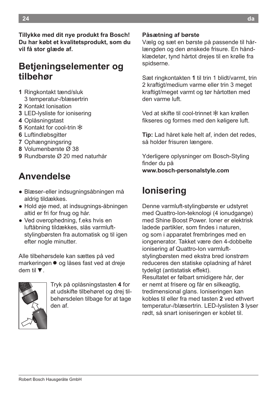 Betjeningselementer og tilbehør, Anvendelse, Ionisering | Bosch PHA5363 Warmluftstylingbürste BrilliantCare Quattro-Ion User Manual | Page 26 / 86