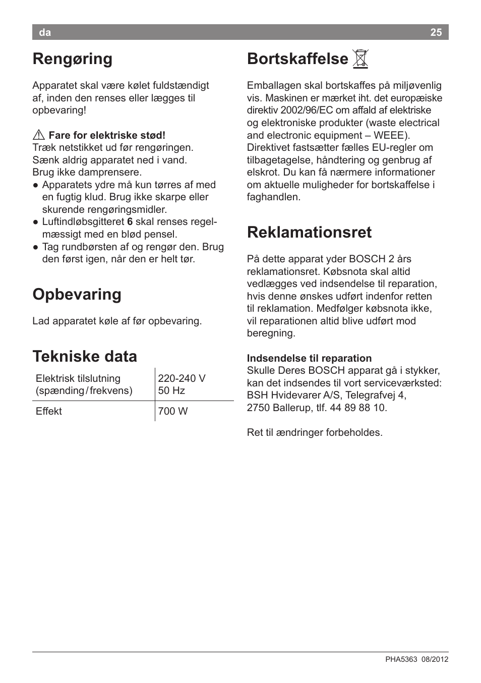 Rengøring, Opbevaring, Tekniske data | Bortskaffelse, Reklamationsret | Bosch PHA5363 Warmluftstylingbürste BrilliantCare Quattro-Ion User Manual | Page 27 / 86