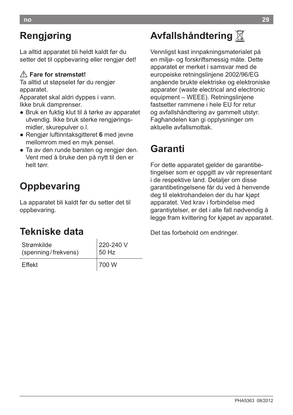 Rengjøring, Oppbevaring, Tekniske data | Avfallshåndtering, Garanti | Bosch PHA5363 Warmluftstylingbürste BrilliantCare Quattro-Ion User Manual | Page 31 / 86