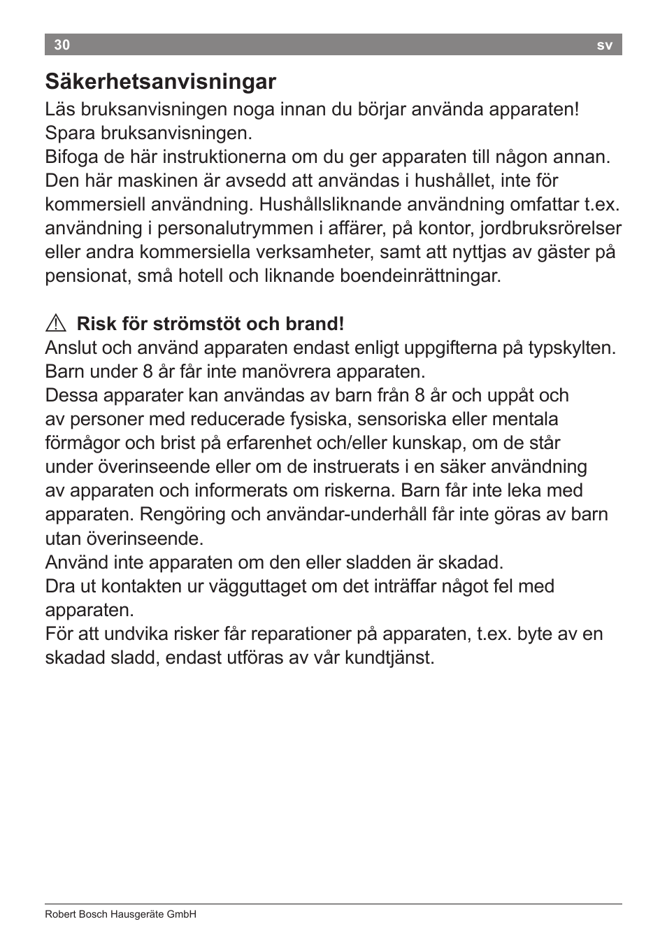 Säkerhetsanvisningar | Bosch PHA5363 Warmluftstylingbürste BrilliantCare Quattro-Ion User Manual | Page 32 / 86