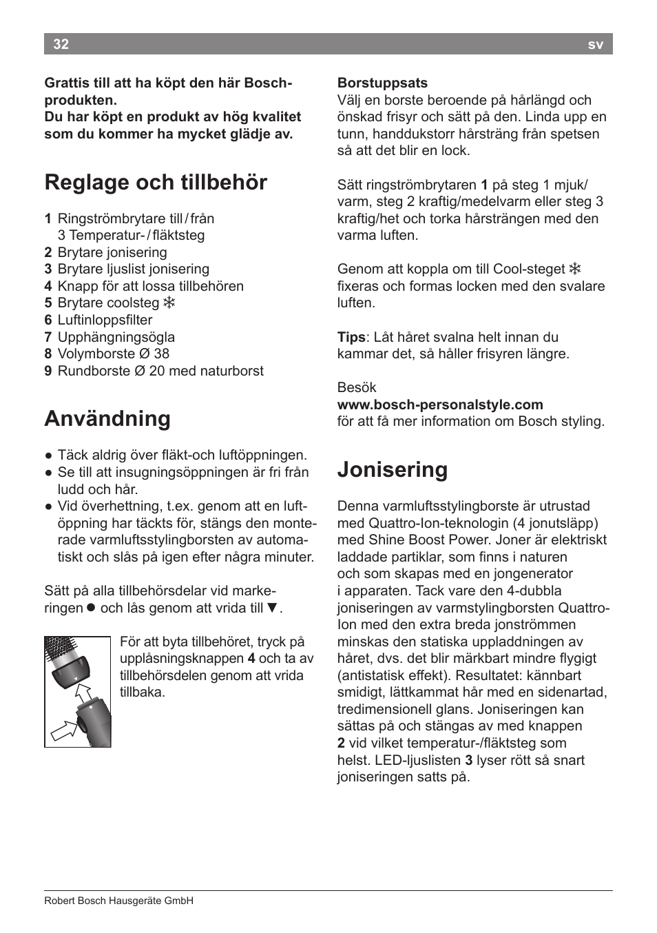 Reglage och tillbehör, Användning, Jonisering | Bosch PHA5363 Warmluftstylingbürste BrilliantCare Quattro-Ion User Manual | Page 34 / 86