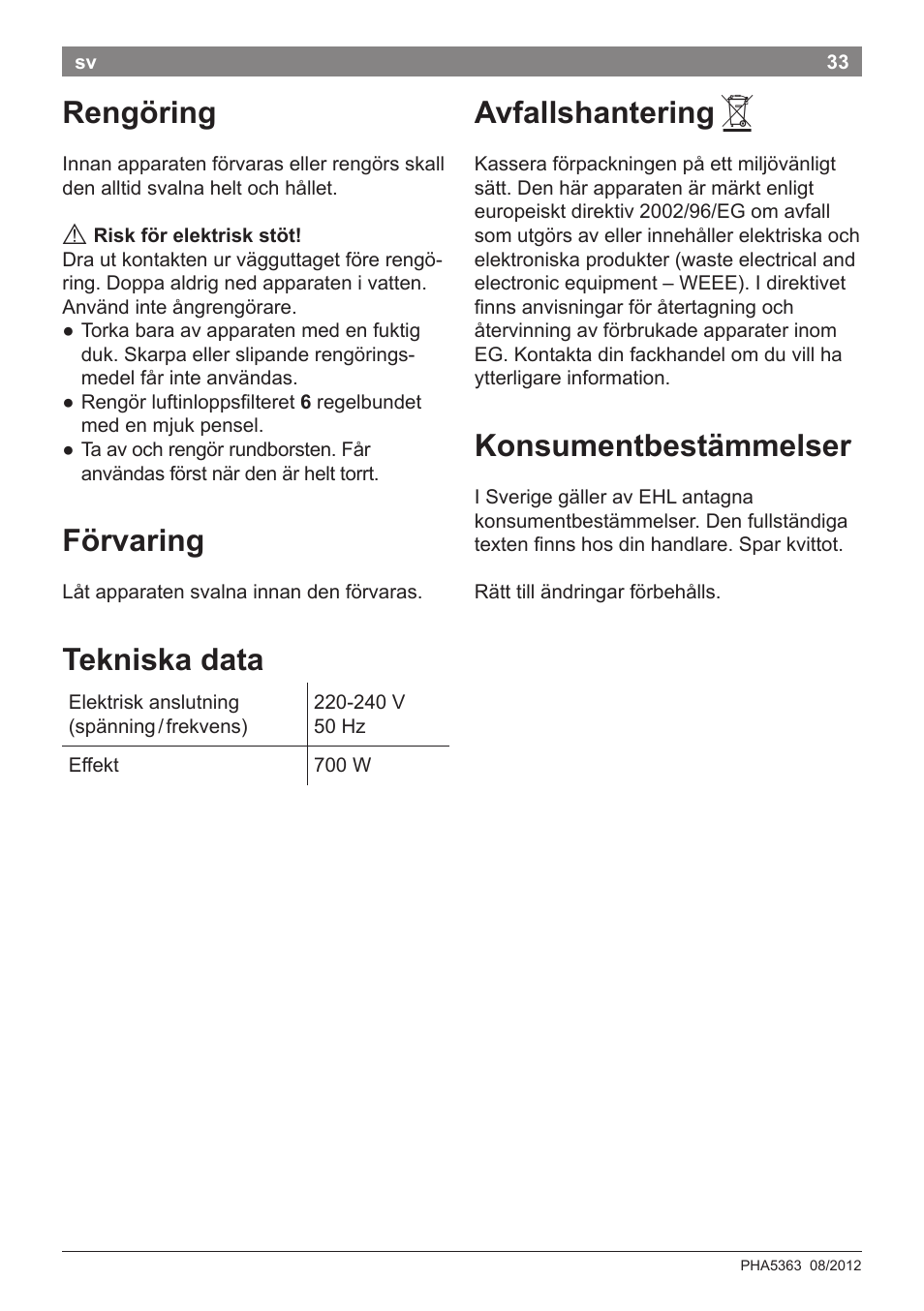 Rengöring, Förvaring, Tekniska data | Avfallshantering, Konsumentbestämmelser | Bosch PHA5363 Warmluftstylingbürste BrilliantCare Quattro-Ion User Manual | Page 35 / 86