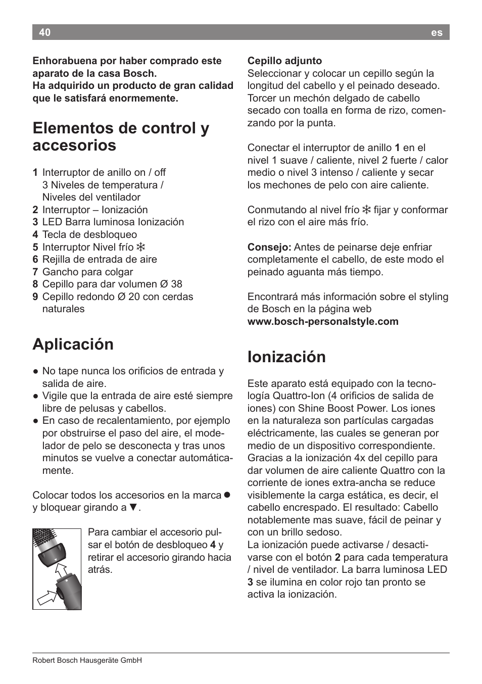 Elementos de control y accesorios, Aplicación, Ionización | Bosch PHA5363 Warmluftstylingbürste BrilliantCare Quattro-Ion User Manual | Page 42 / 86